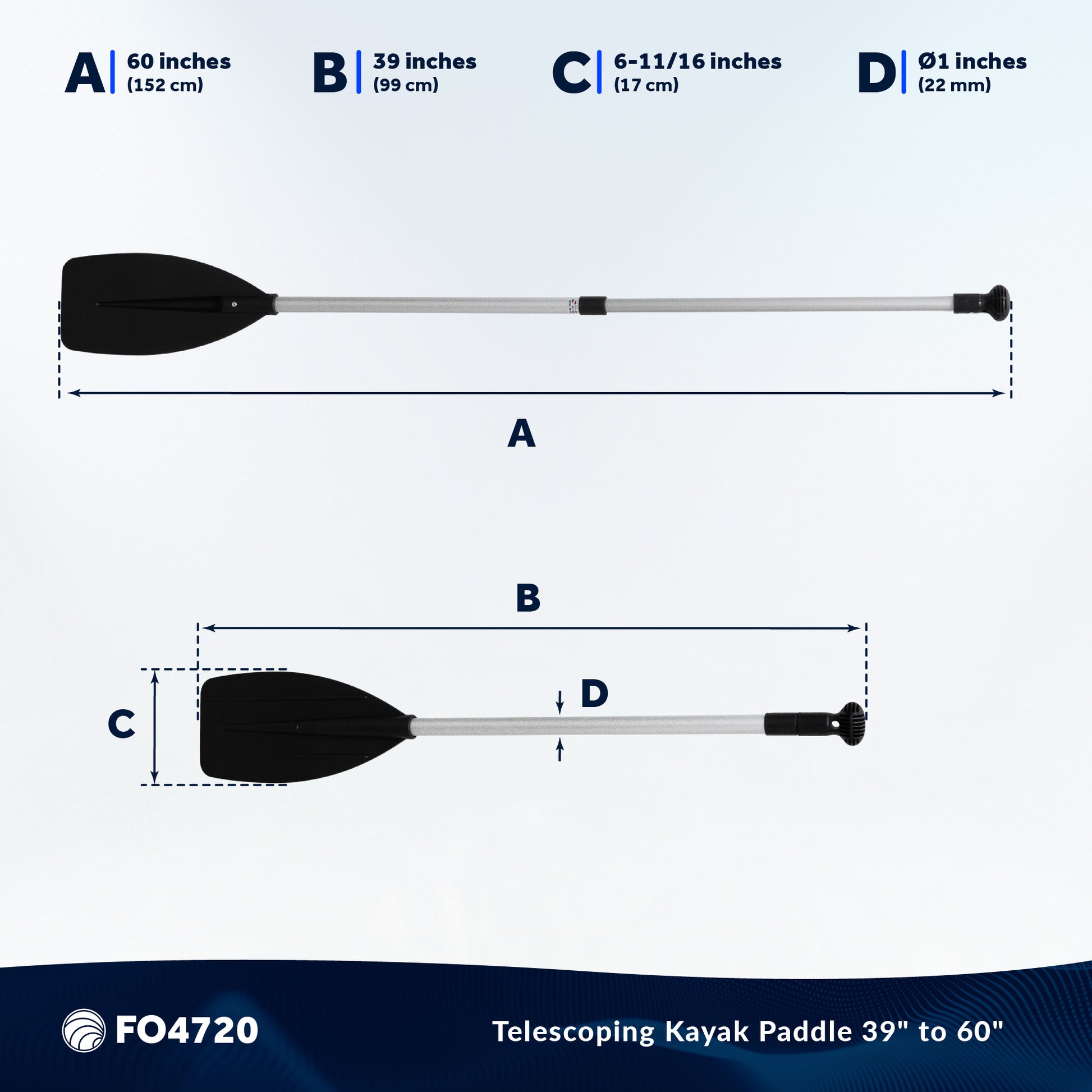 Telescopic Canoe Paddle, Extends from 39" to 60", Round Grip - FO4720 - Five Oceans