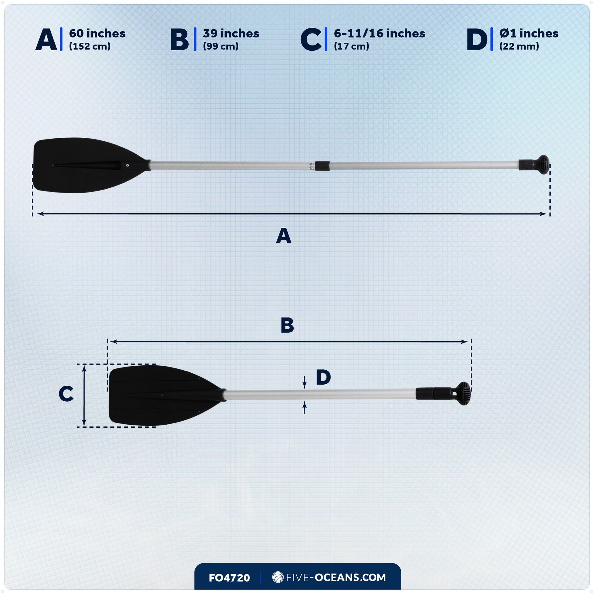Telescoping Paddle 39" - 60", Round-Grip, Black, Aluminum - FO4720 - Five Oceans