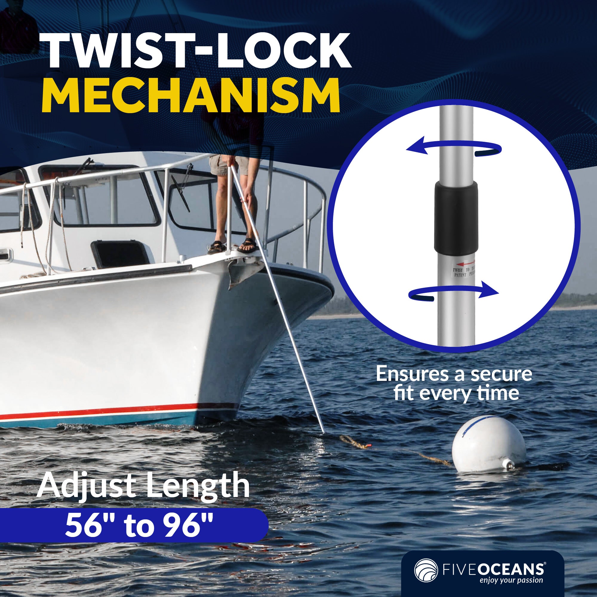 Telescopic Boat Hook - Extends from 56" to 96" - FO4724 - Five Oceans