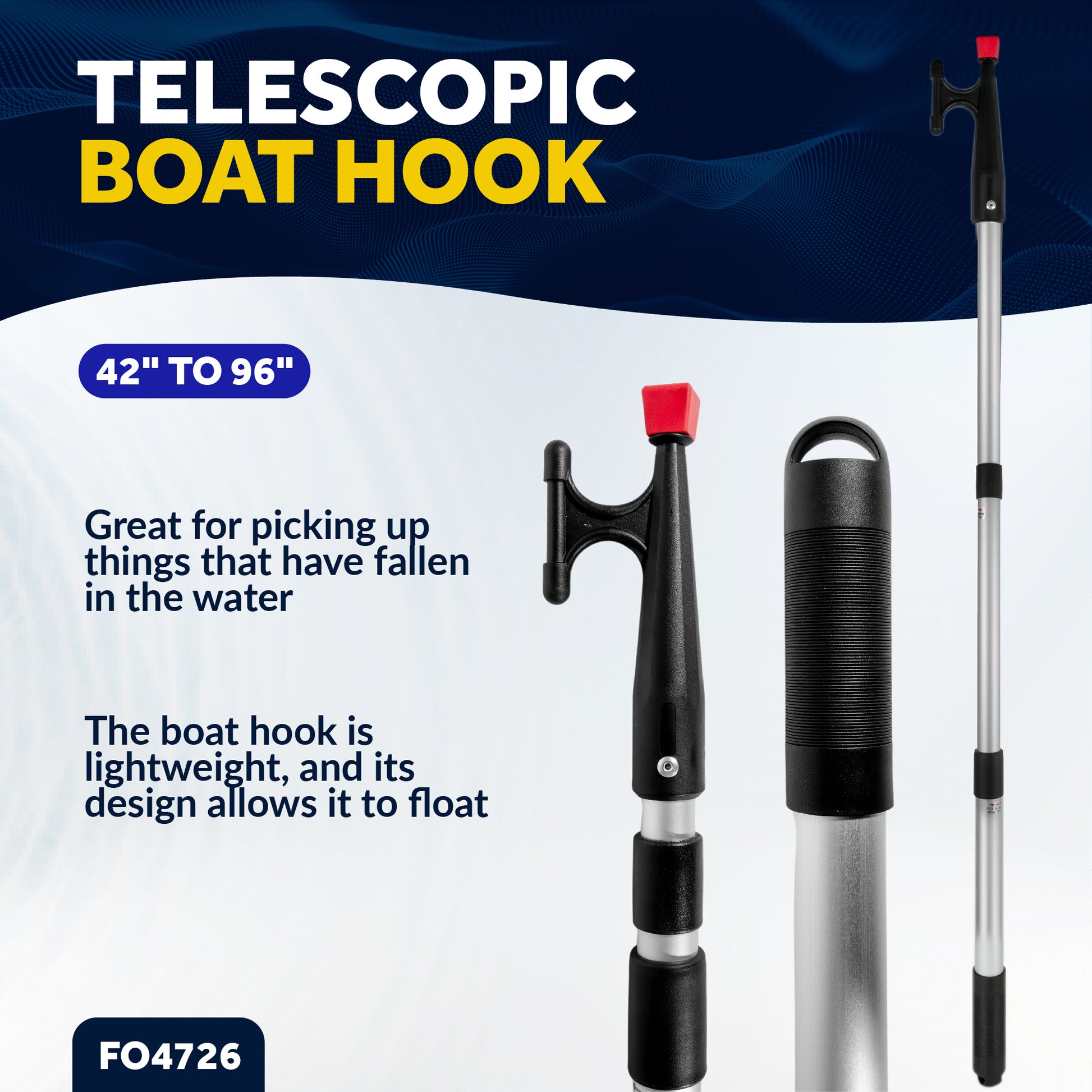 Telescopic Boat Hook with Screw On Boat Hook Top - Extend from 42" - 96" - 3 Piece - FO4726 - Five Oceans