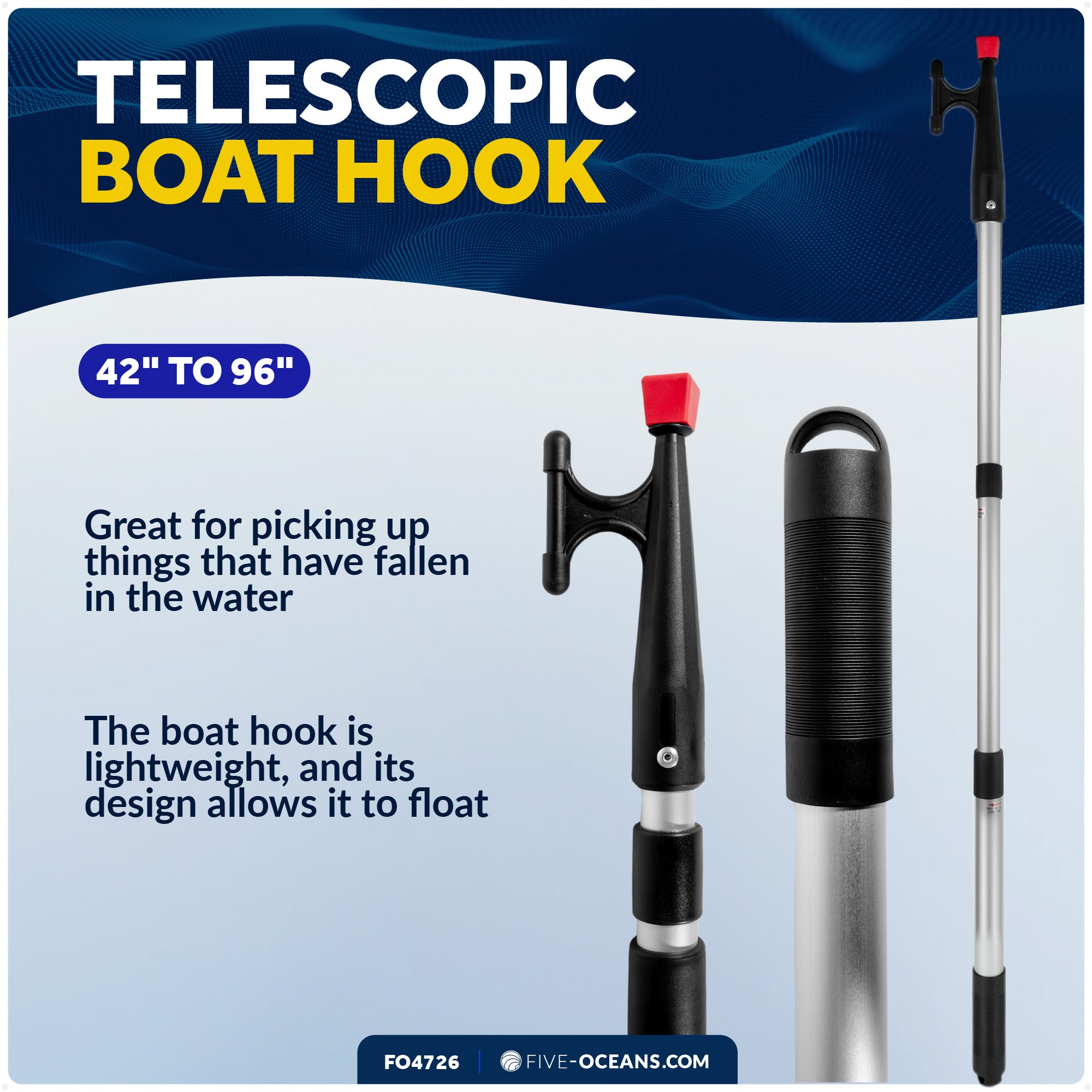 Telescopic Boat Hook with Screw On Boat Hook Top - Extend from 42" - 96" - 3 Piece - FO4726