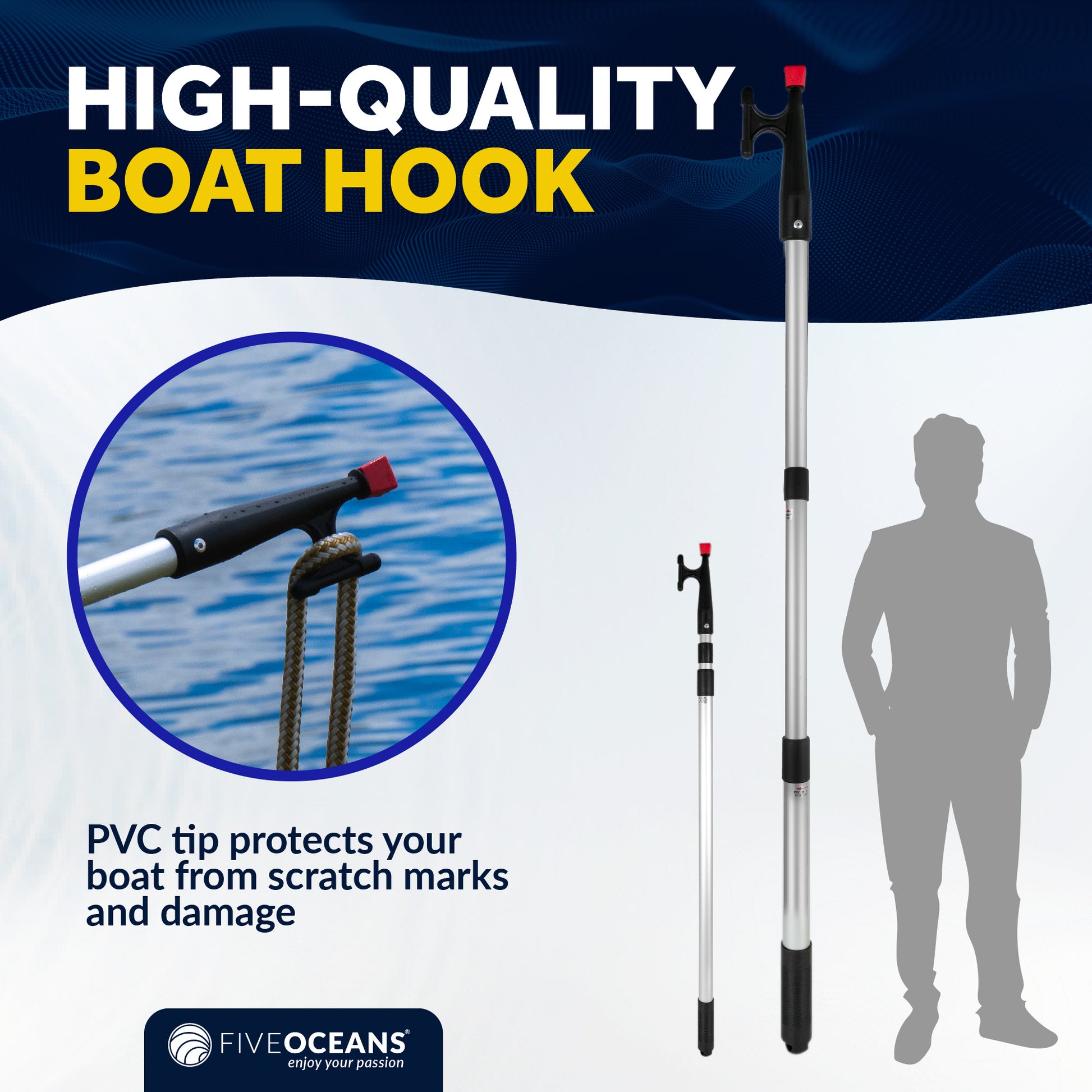 Telescopic Boat Hook with Screw On Boat Hook Top - Extend from 42" - 96" - 3 Piece - FO4726 - Five Oceans