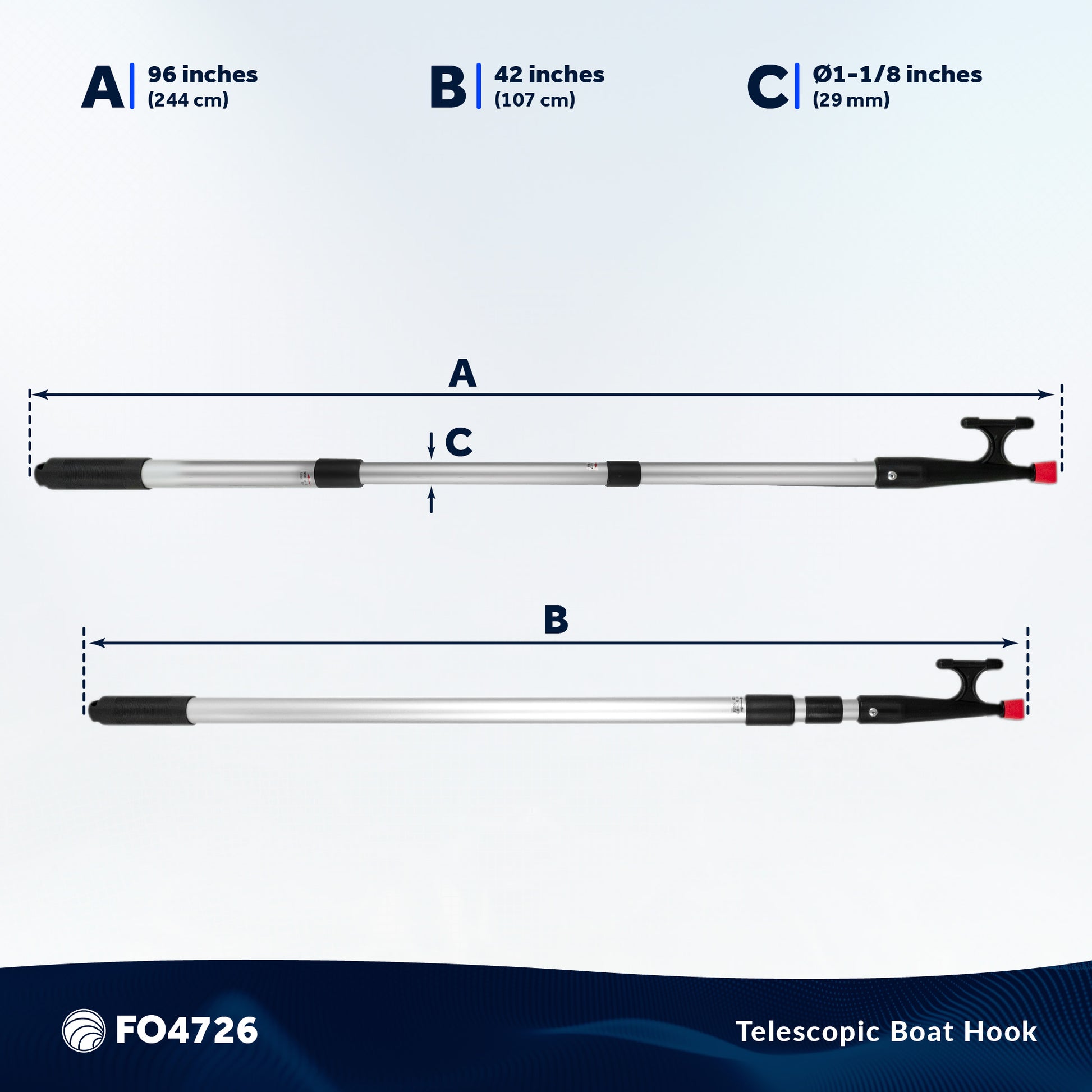 Telescopic Boat Hook with Screw On Boat Hook Top - Extend from 42" - 96" - 3 Piece - FO4726 - Five Oceans