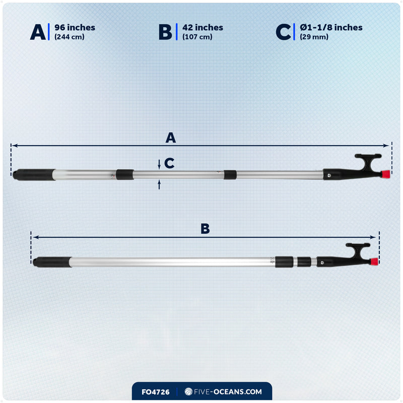 Telescoping Hook 42" - 96", Screw-On Top, Aluminum - FO4726 - Five Oceans