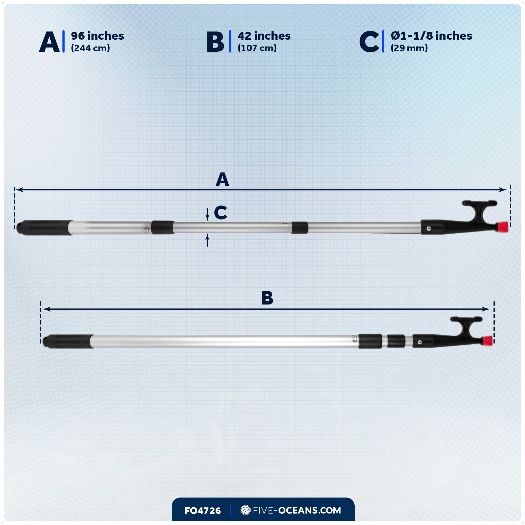 Telescopic Boat Hook with Screw On Boat Hook Top - Extend from 42" - 96" - 3 Piece - FO4726