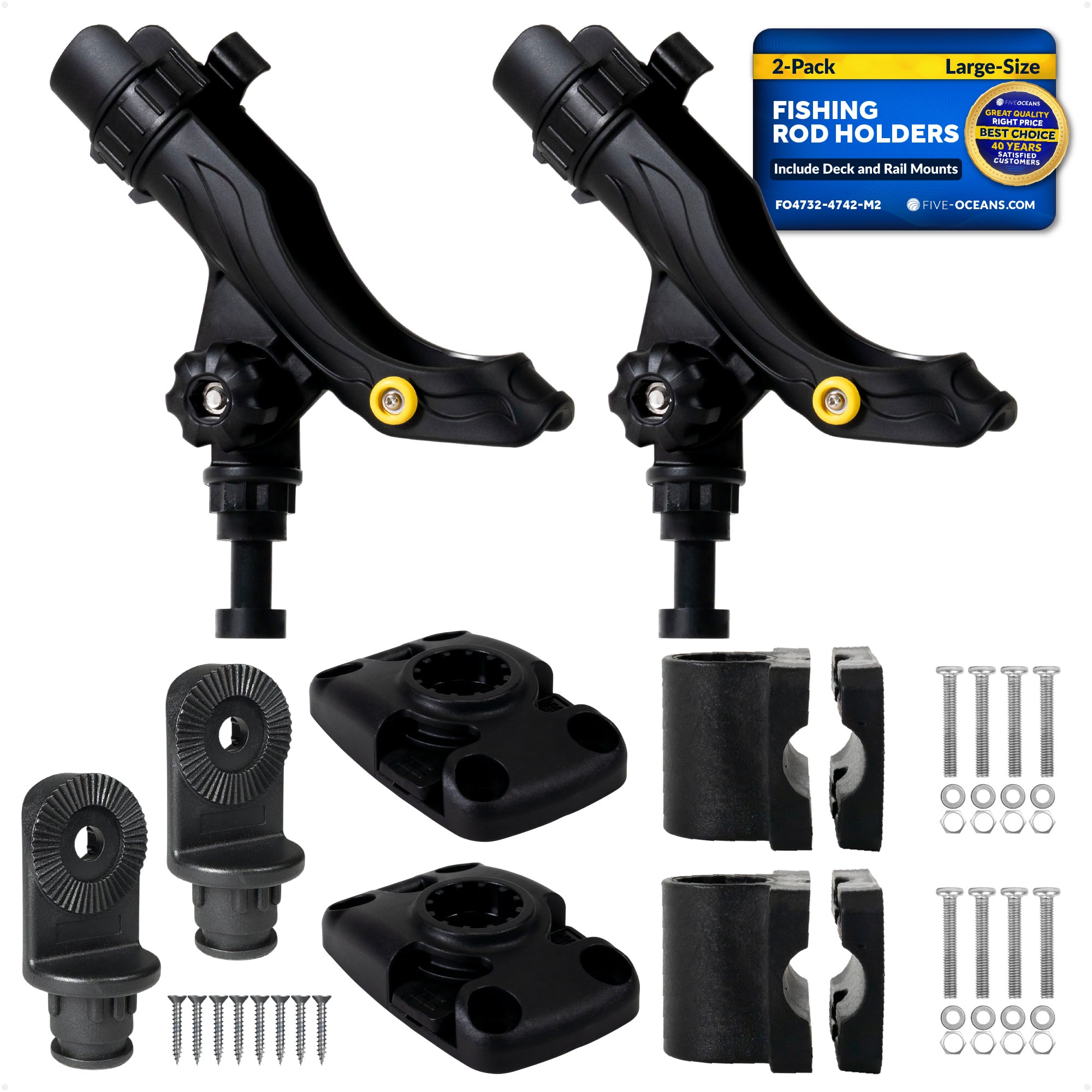 Fishing Rod Holder Set with Rail & Deck Mounts, Large, Black, 2-Pack - FO4732-4742-M2 - Five Oceans