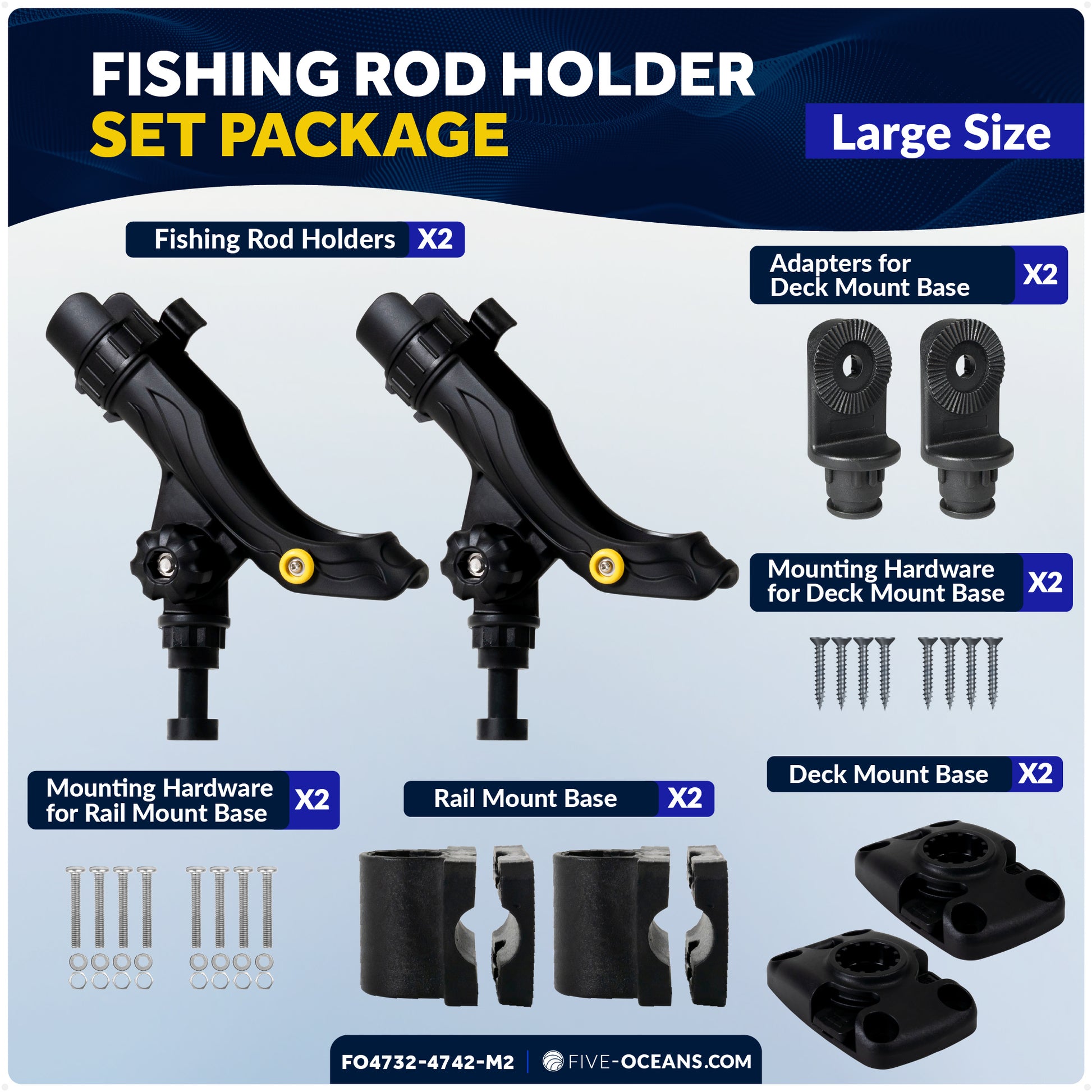 Fishing Rod Holder Set with Rail & Deck Mounts, Large, Black, 2-Pack - FO4732-4742-M2 - Five Oceans