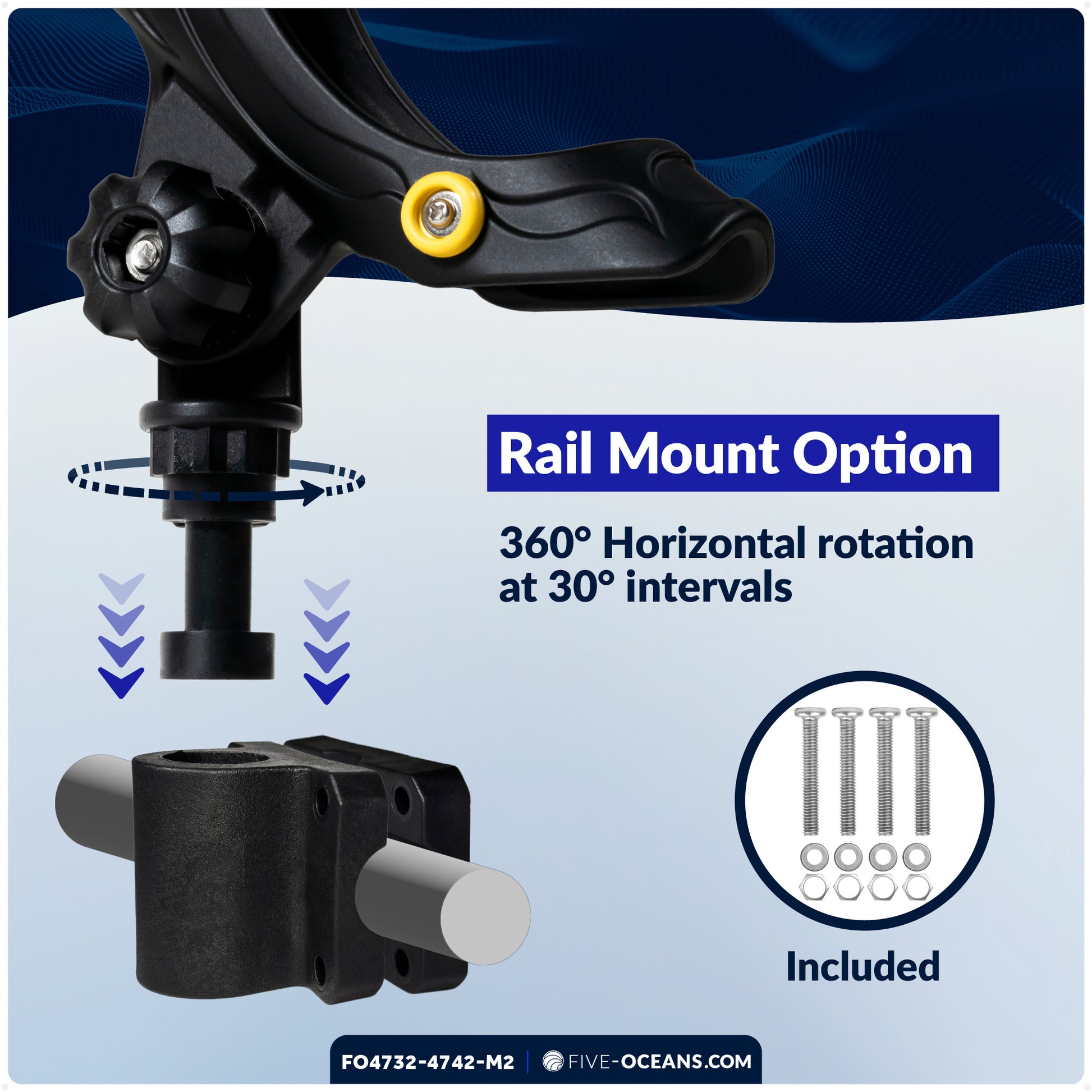 Fishing Rod Holder Set with Rail & Deck Mounts, Large, Black, 2-Pack - FO4732-4742-M2 - Five Oceans