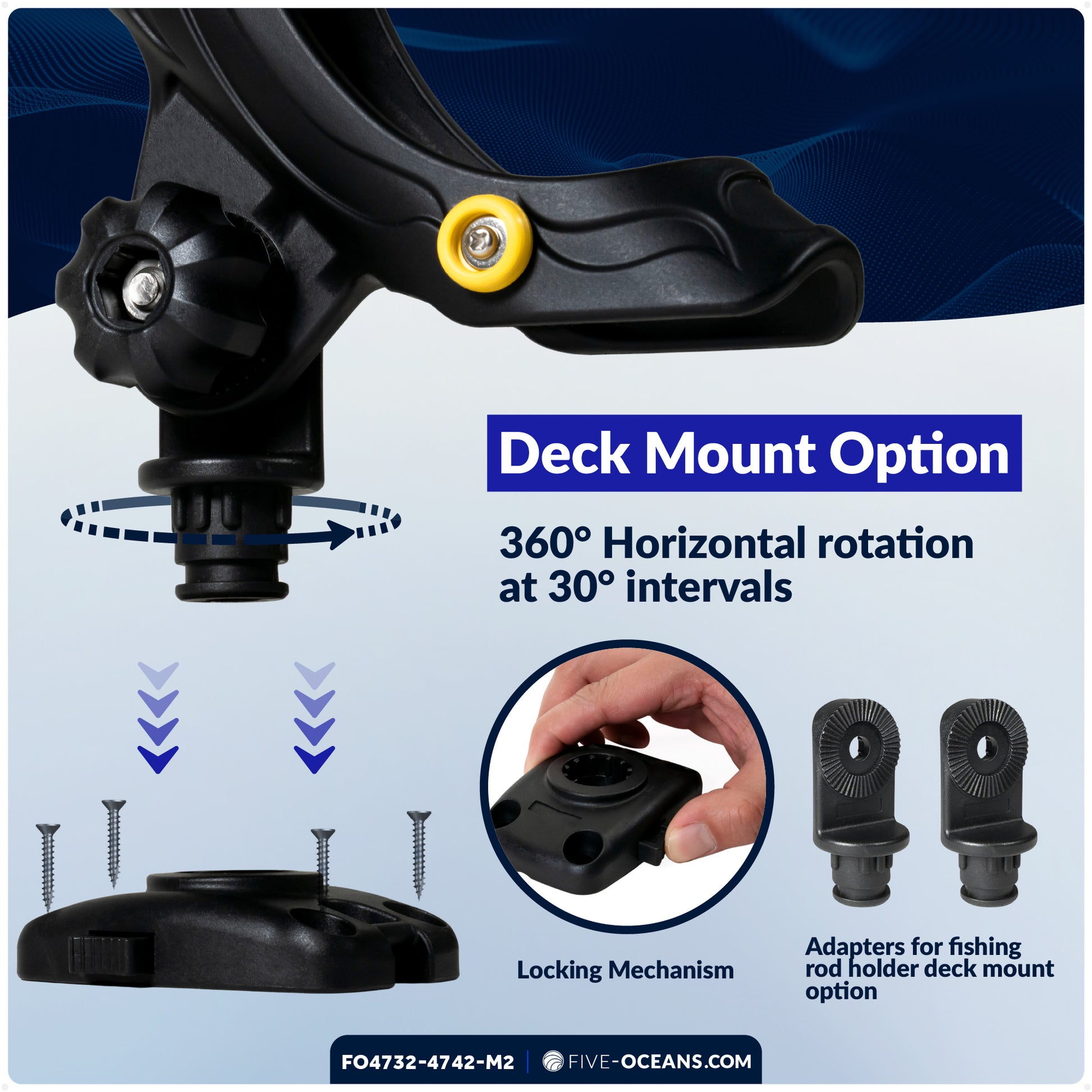 Fishing Rod Holder Set with Rail & Deck Mounts, Large, Black, 2-Pack - FO4732-4742-M2 - Five Oceans