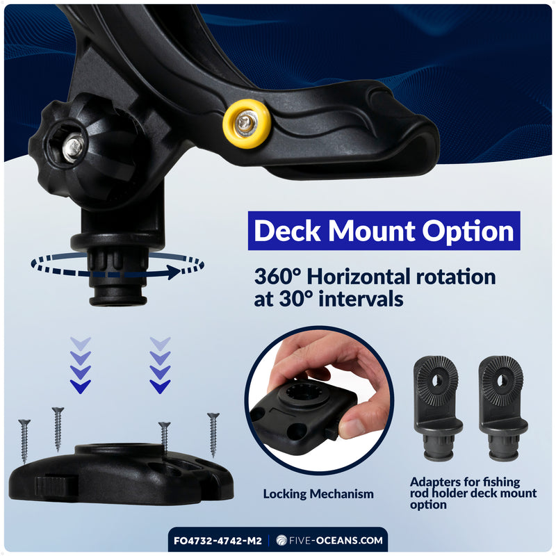 Kayak Rod Holder Kit - Rail & Deck Mounts, Large, Black, 2-Pack - FO4732-4742-M2 - Five Oceans