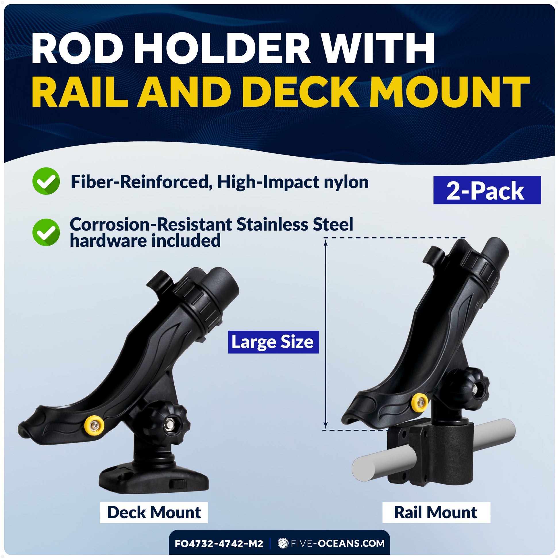 Fishing Rod Holder Set with Rail & Deck Mounts, Large, Black, 2-Pack - FO4732-4742-M2 - Five Oceans