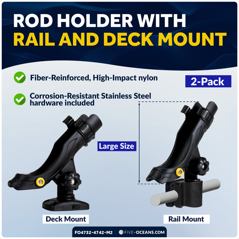 Kayak Rod Holder Kit - Rail & Deck Mounts, Large, Black, 2-Pack - FO4732-4742-M2 - Five Oceans