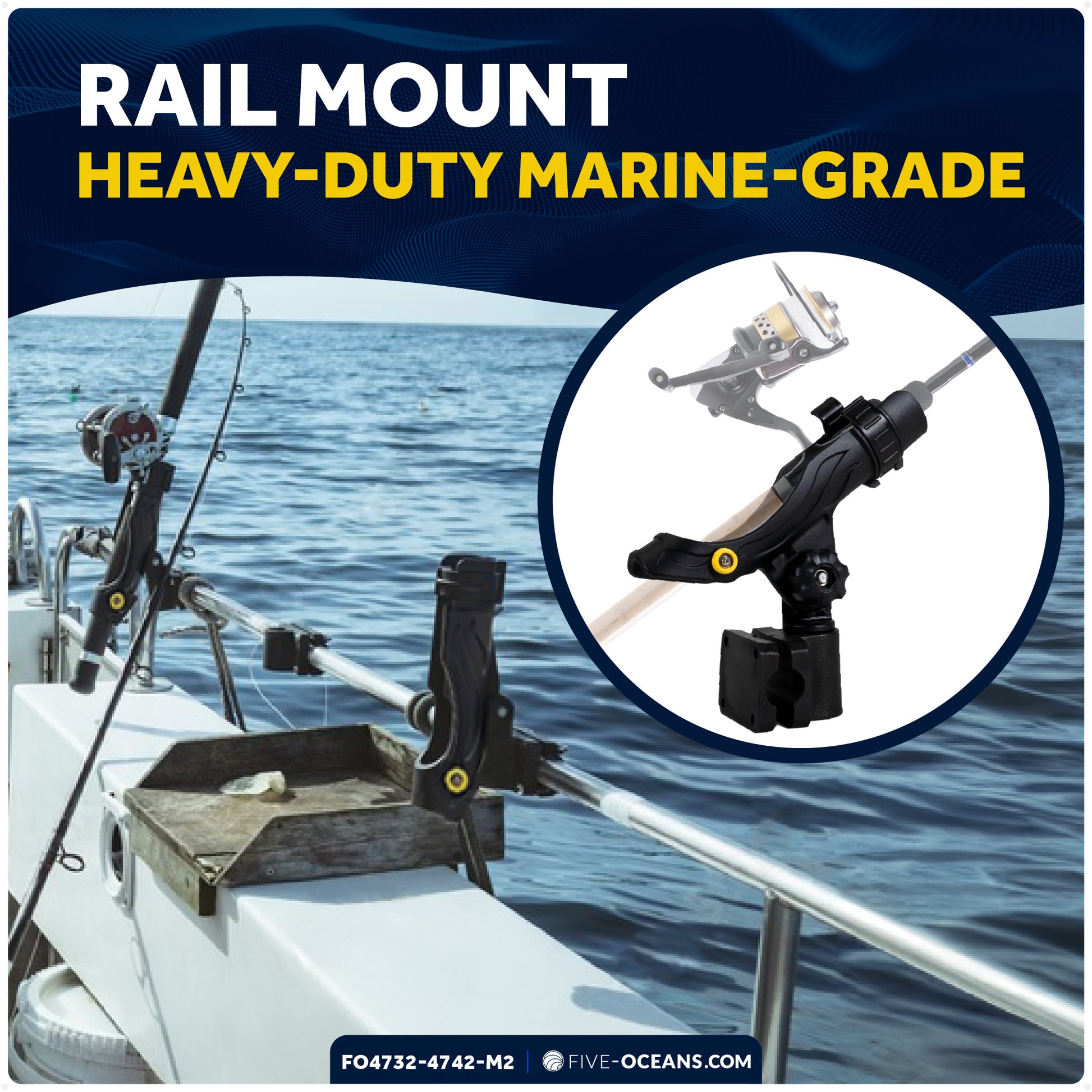 Fishing Rod Holder Set with Rail & Deck Mounts, Large, Black, 2-Pack - FO4732-4742-M2 - Five Oceans