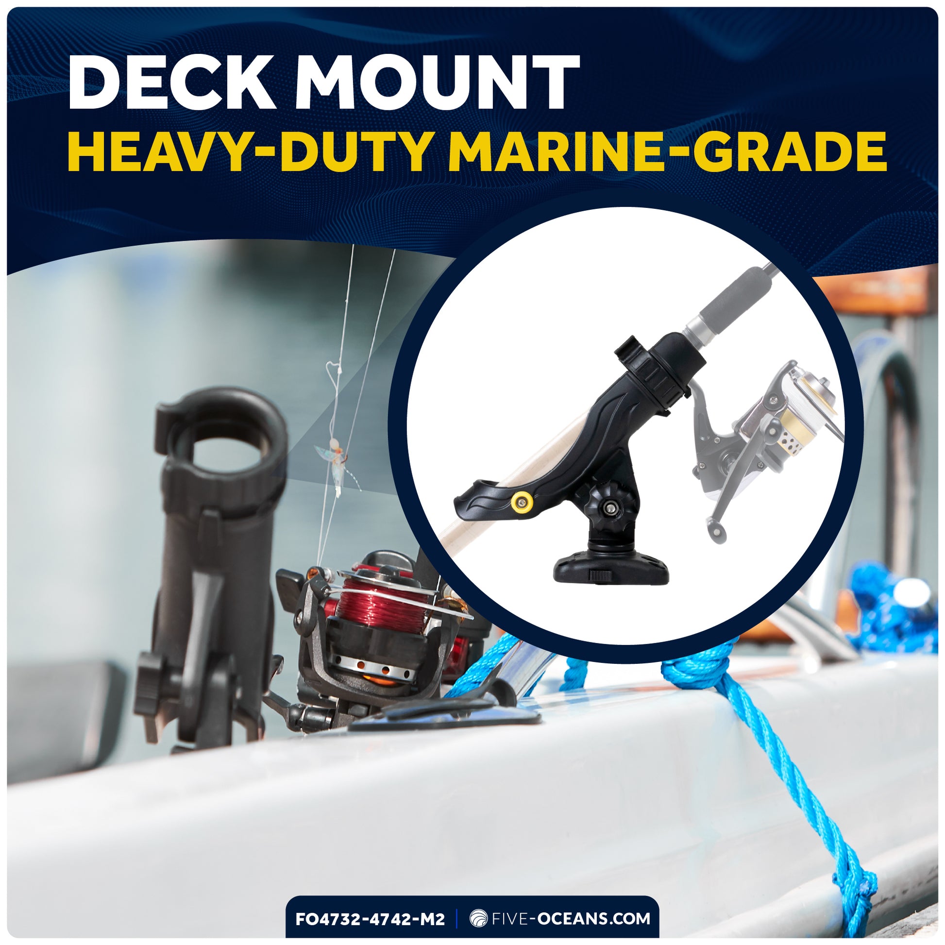 Fishing Rod Holder Set with Rail & Deck Mounts, Large, Black, 2-Pack - FO4732-4742-M2 - Five Oceans