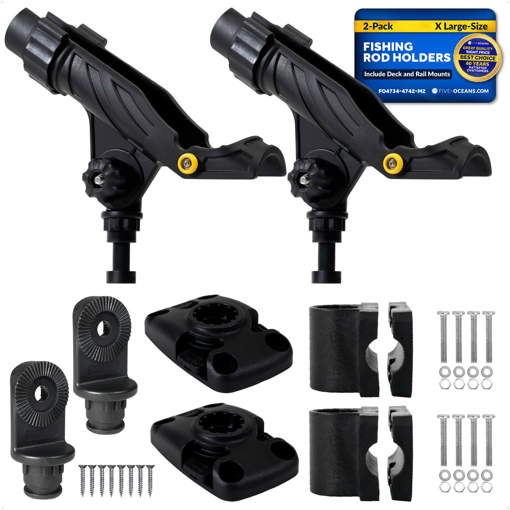 Fishing Rod Holder Set with Rail & Deck Mounts, X-Large, Black, 2-Pack - FO4734-4742-M2 - Five Oceans