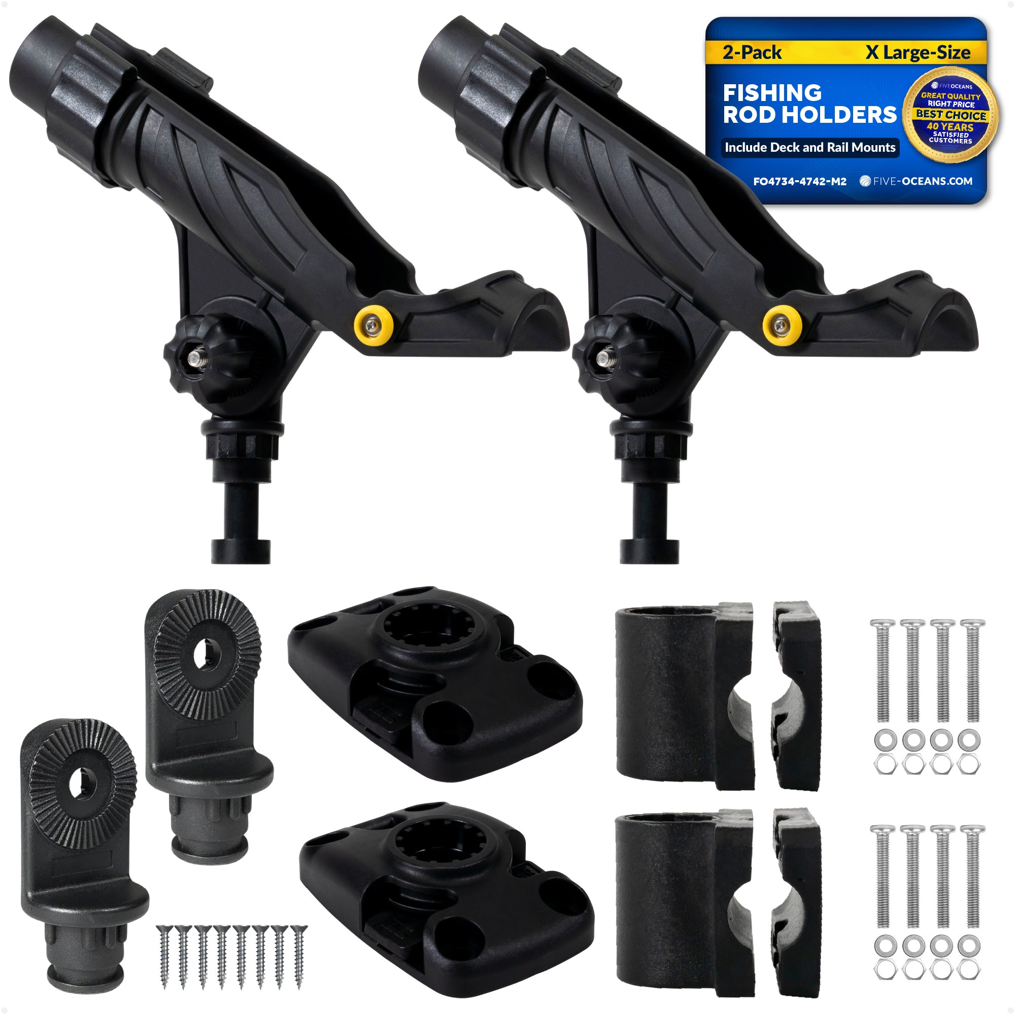 Fishing Rod Holder Set with Rail & Deck Mounts, X-Large, Black, 2-Pack - FO4734-4742-M2 - Five Oceans