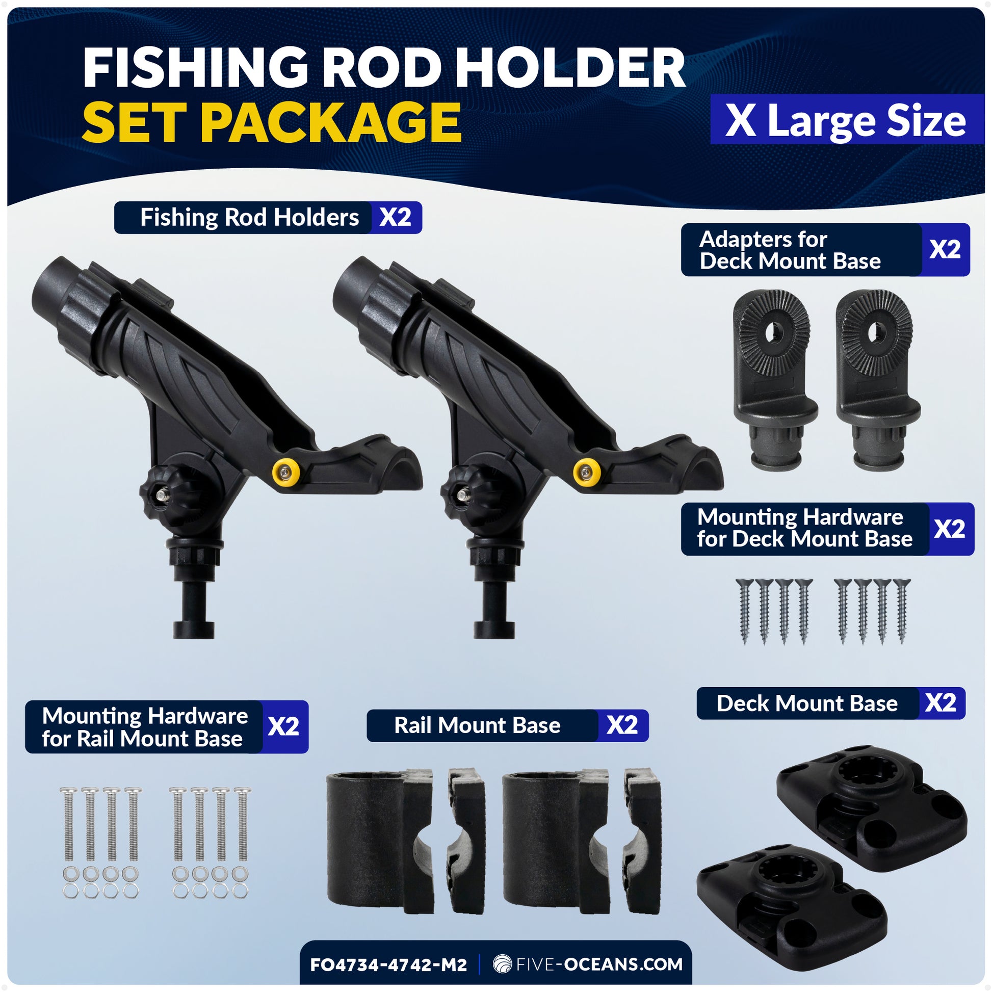 Fishing Rod Holder Set with Rail & Deck Mounts, X-Large, Black, 2-Pack - FO4734-4742-M2 - Five Oceans