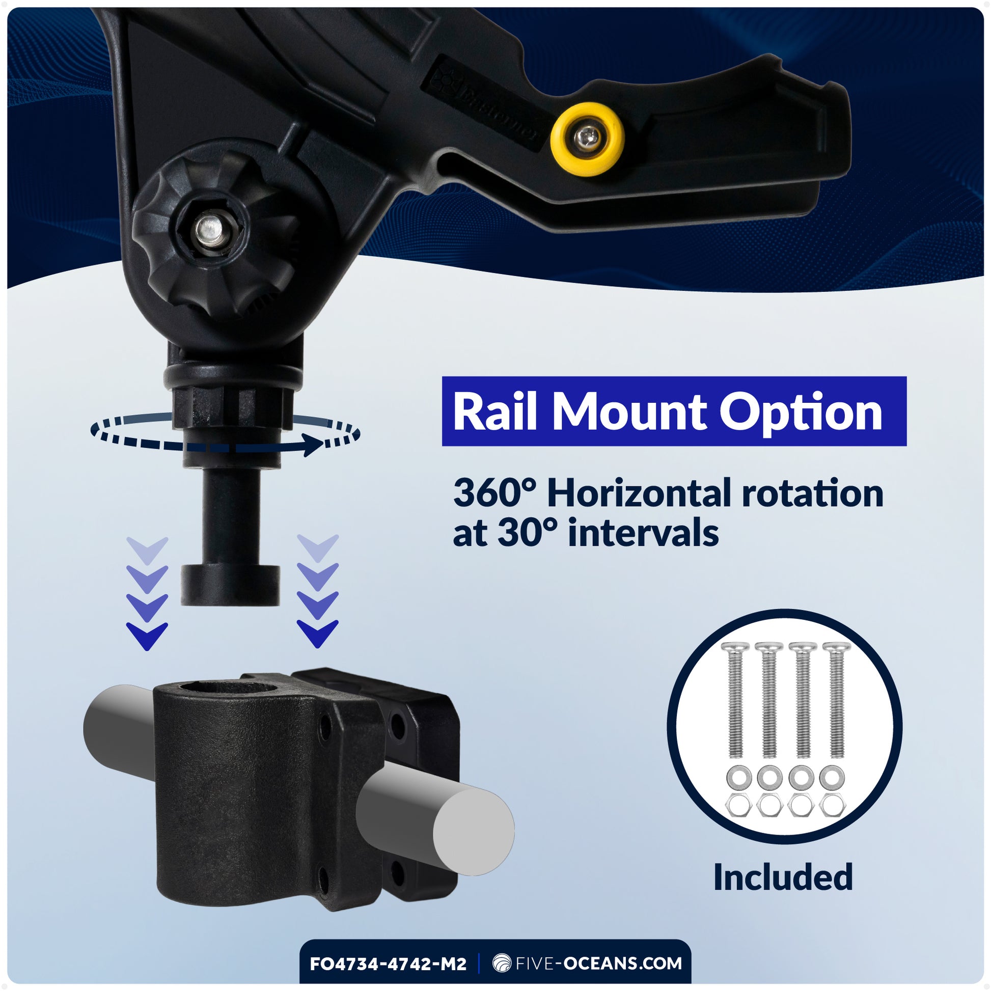 Fishing Rod Holder Set with Rail & Deck Mounts, X-Large, Black, 2-Pack - FO4734-4742-M2 - Five Oceans