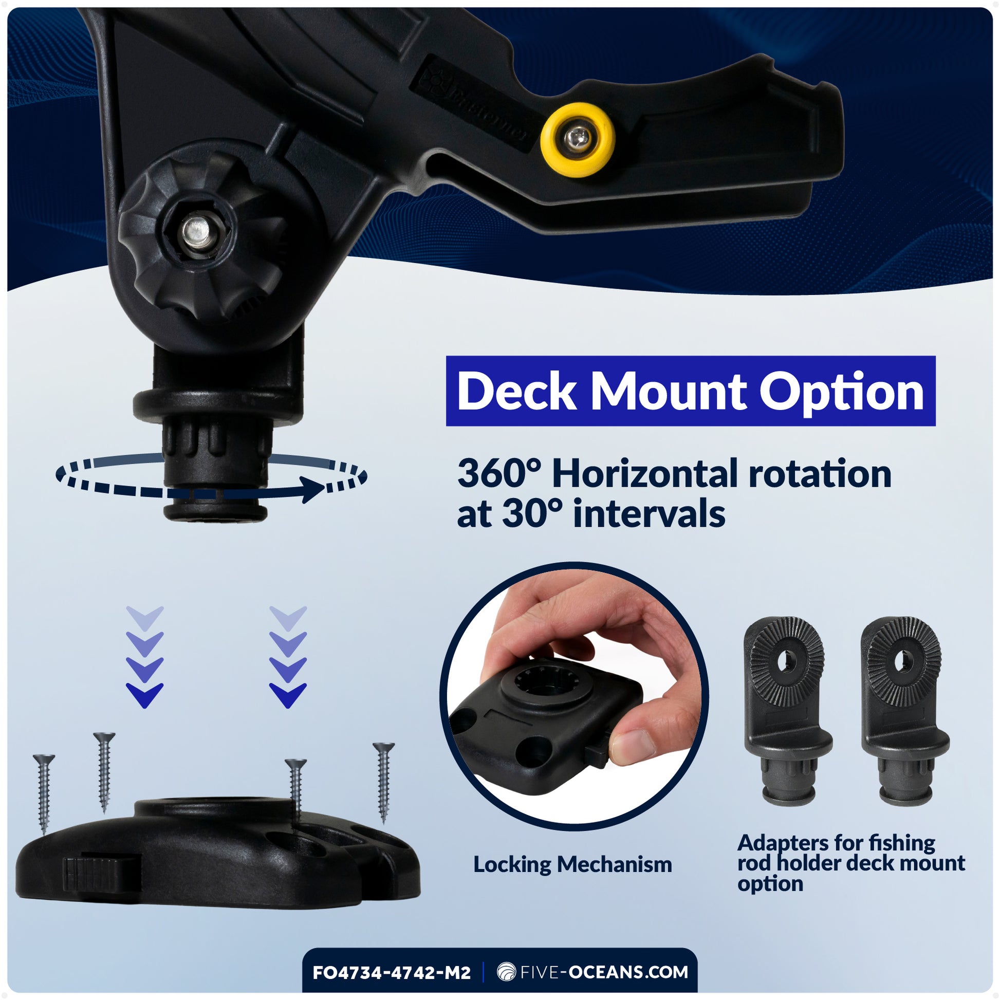 Fishing Rod Holder Set with Rail & Deck Mounts, X-Large, Black, 2-Pack - FO4734-4742-M2 - Five Oceans
