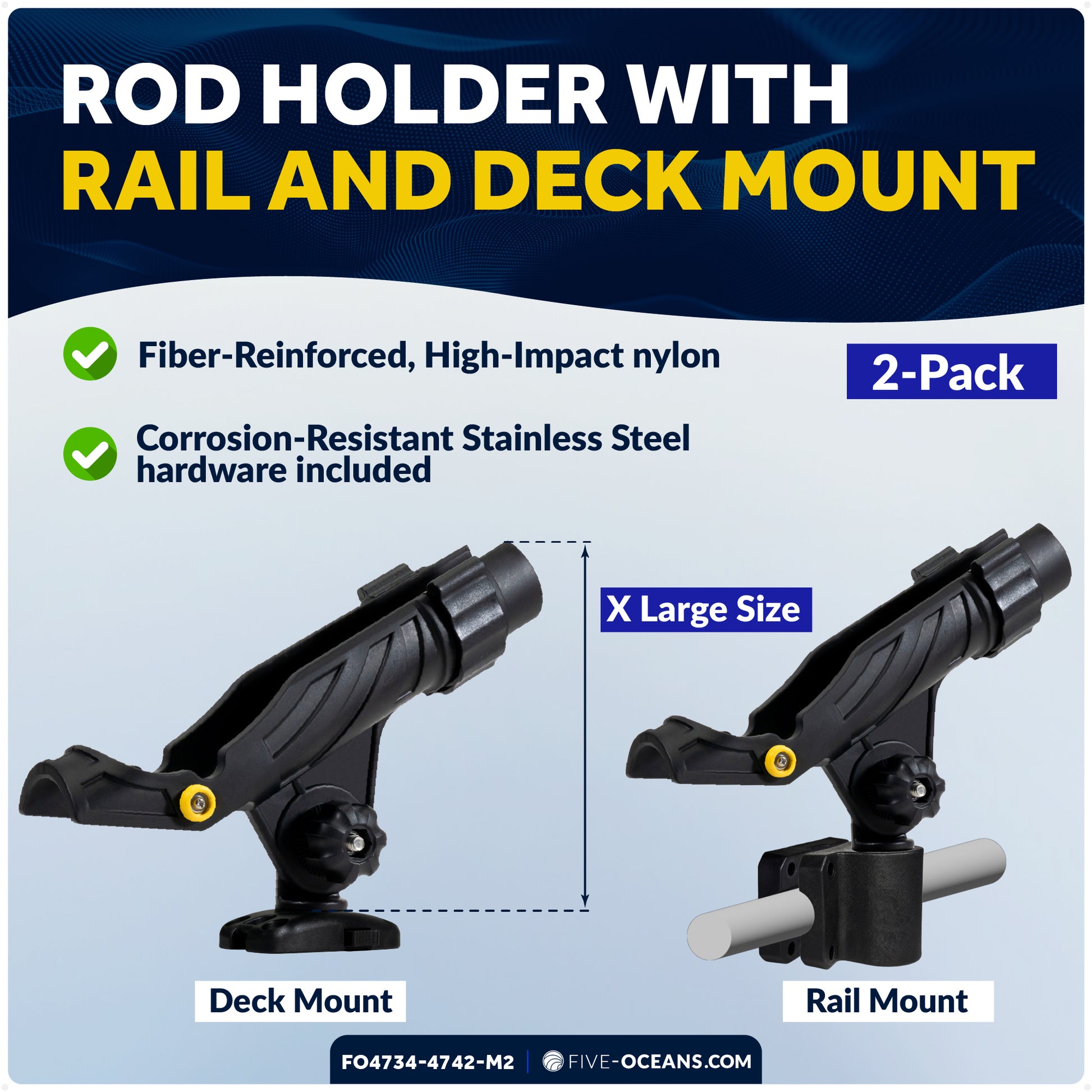 Fishing Rod Holder Set with Rail & Deck Mounts, X-Large, Black, 2-Pack - FO4734-4742-M2 - Five Oceans