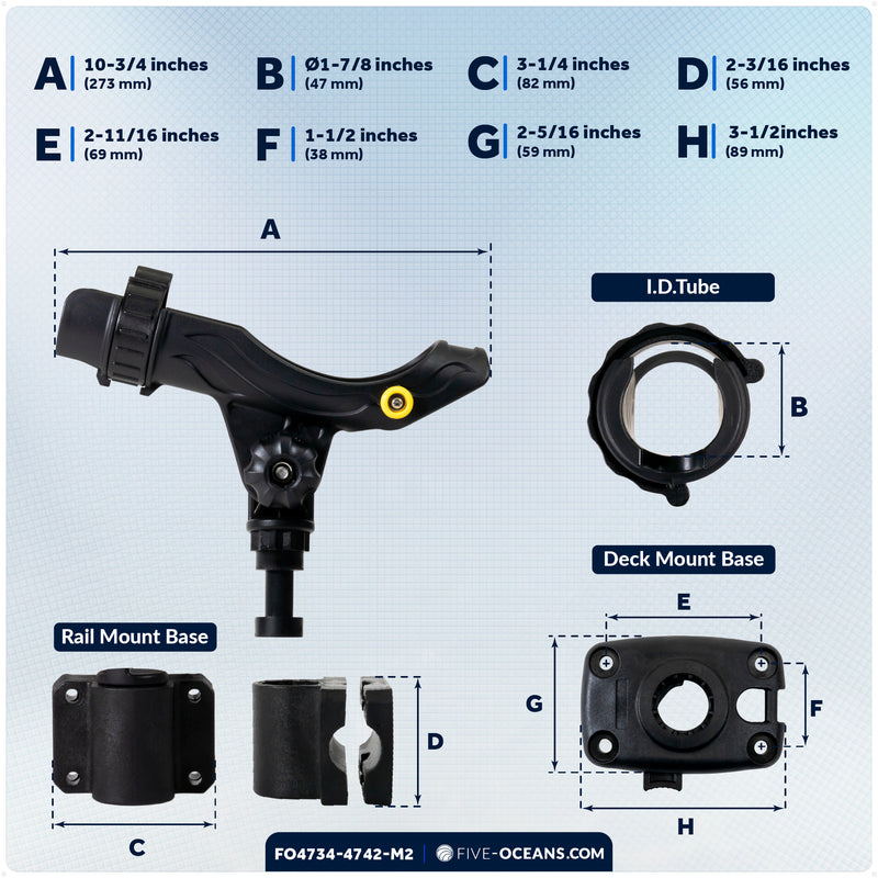 Kayak Rod Holder Kit - Rail & Deck Mounts, X-Large, Black, 2-Pack - FO4734-4742-M2 - Five Oceans