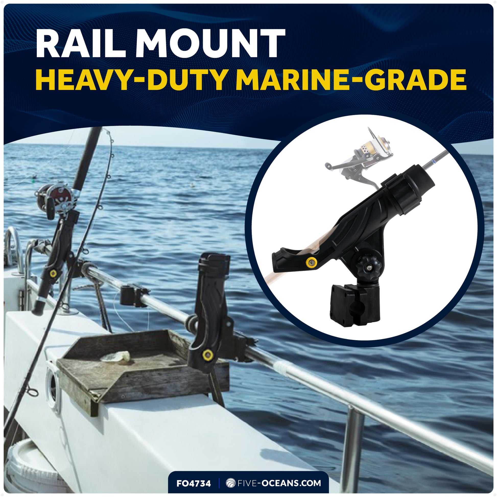 Fishing Rod Holder with Rail Mount, X-Large, Black - FO4734 - Five Oceans