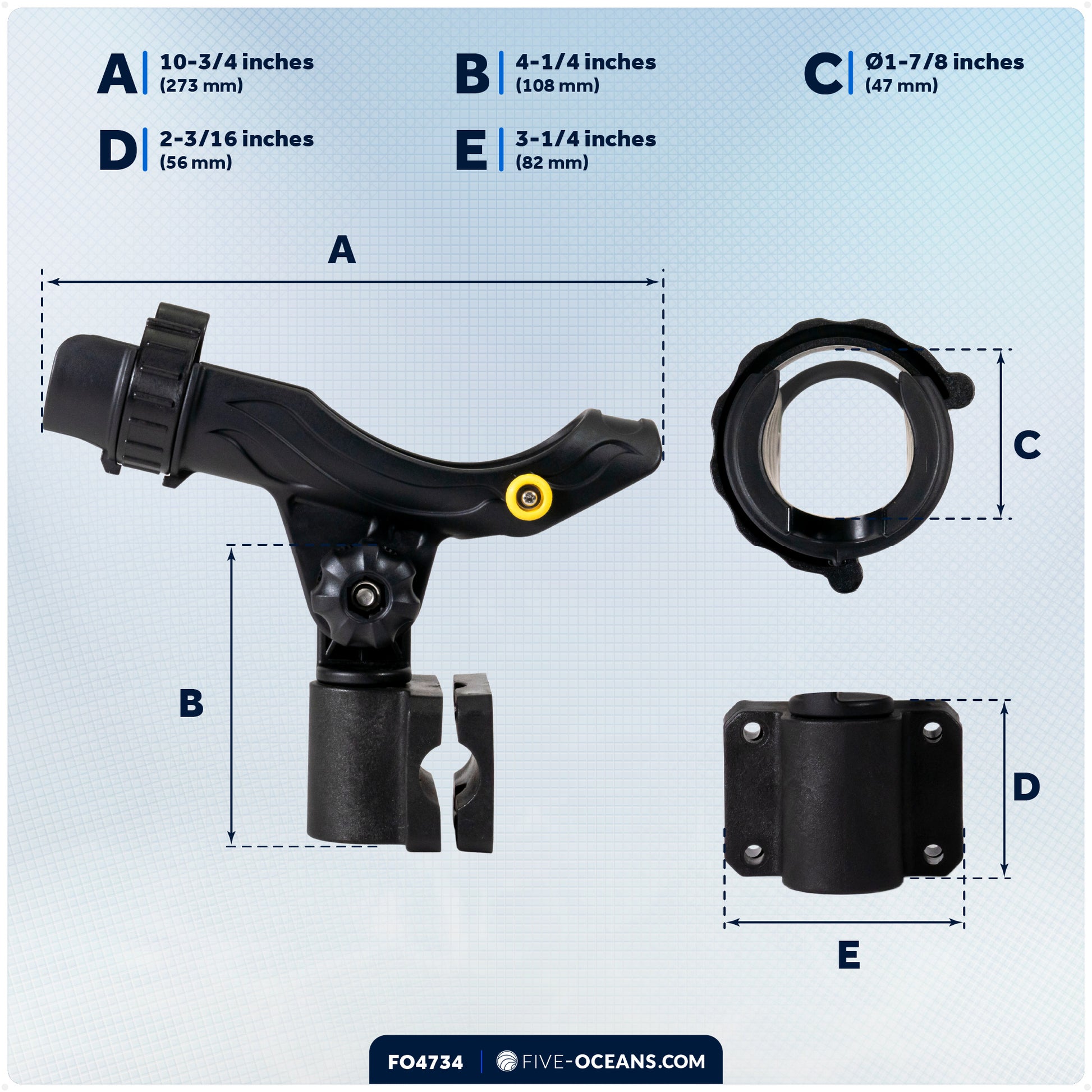Fishing Rod Holder with Rail Mount, X-Large, Black - FO4734 - Five Oceans
