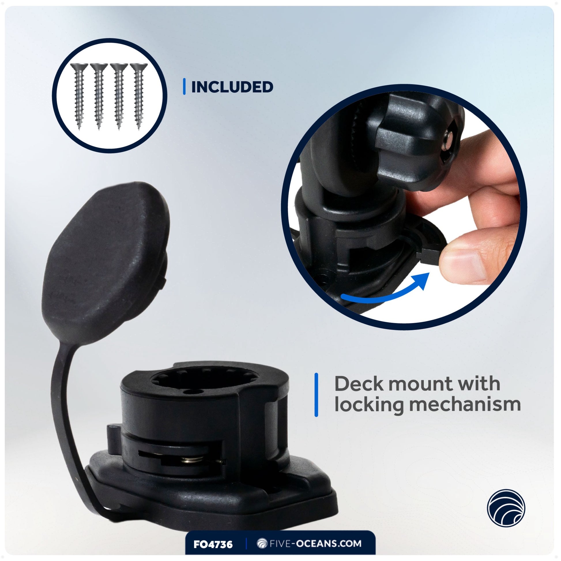 Deck Mount Base with Cap for Fishing Rod Holder, Spring-Loaded Locking Mechanism, Black - FO4736 - Five Oceans