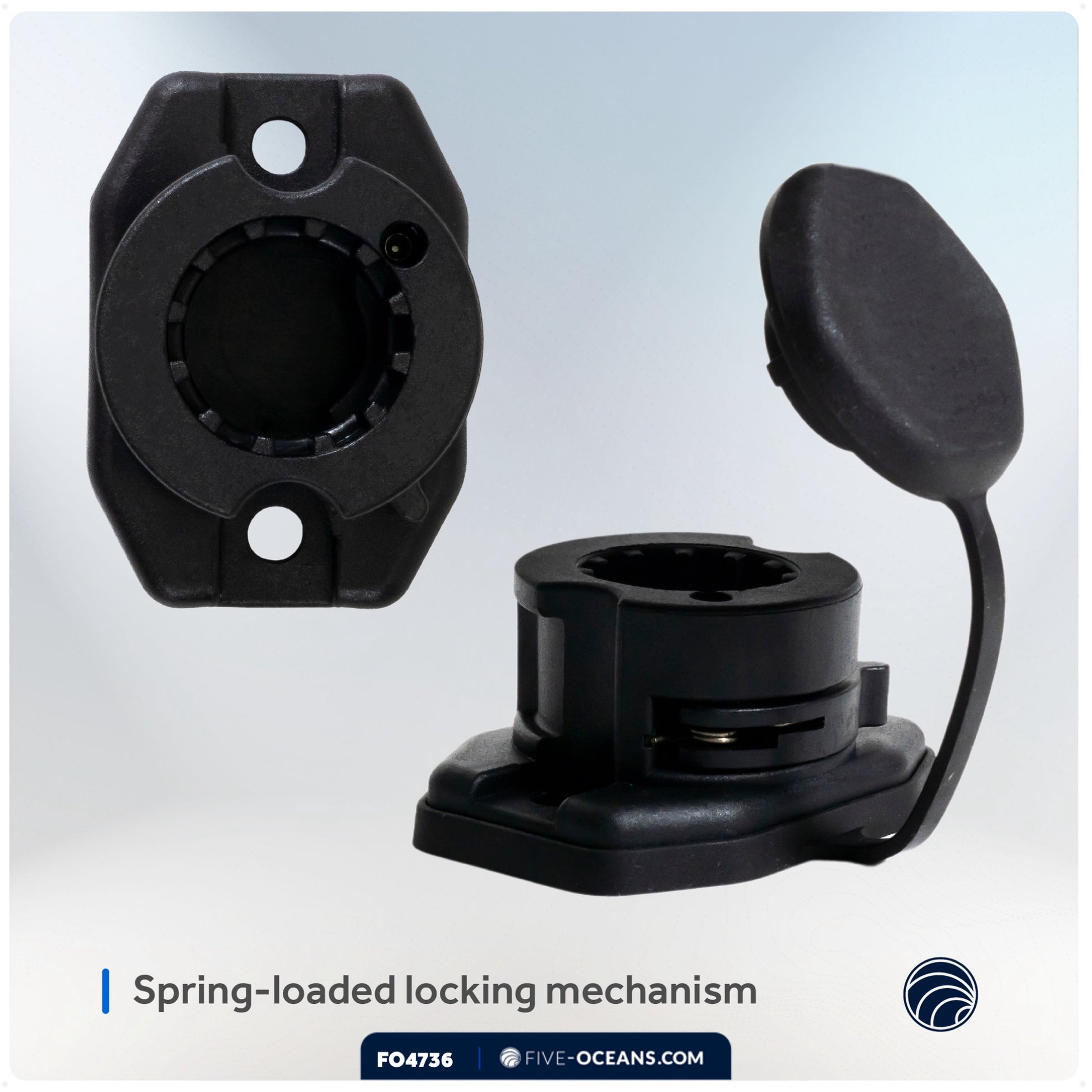 Deck Mount Base with Cap for Fishing Rod Holder, Spring-Loaded Locking Mechanism, Black - FO4736 - Five Oceans