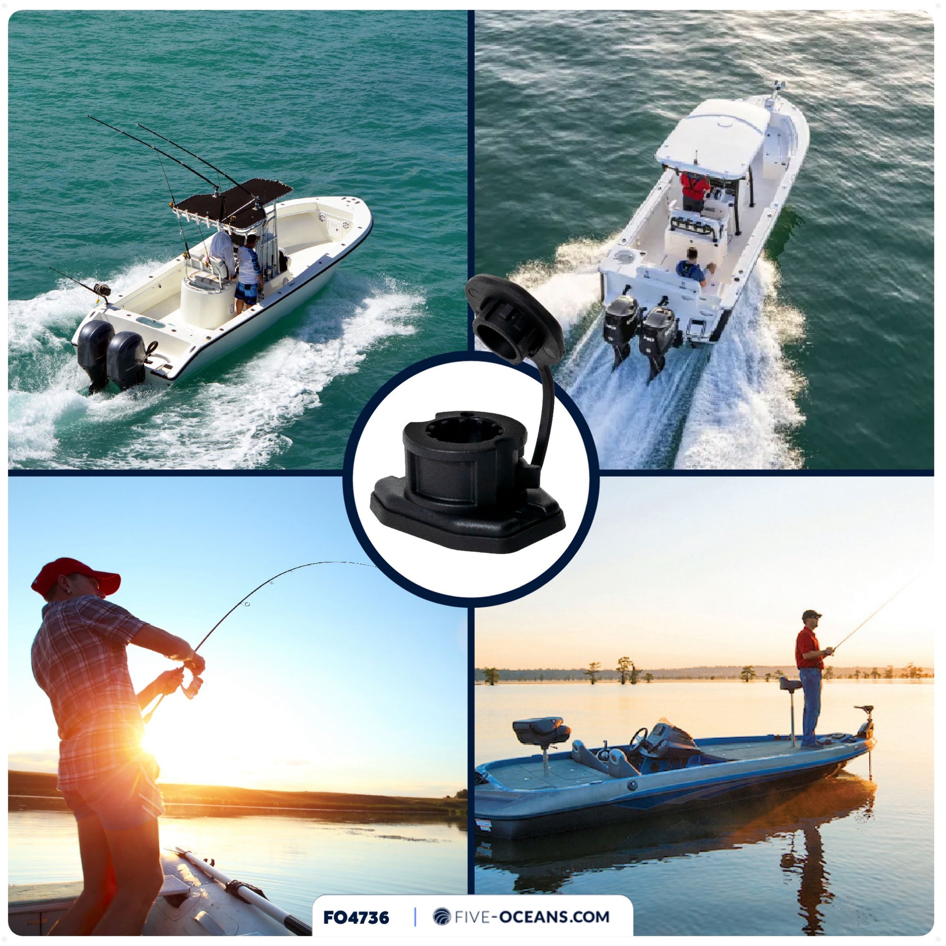 Deck Mount Base with Cap for Fishing Rod Holder, Spring-Loaded Locking Mechanism, Black - FO4736 - Five Oceans