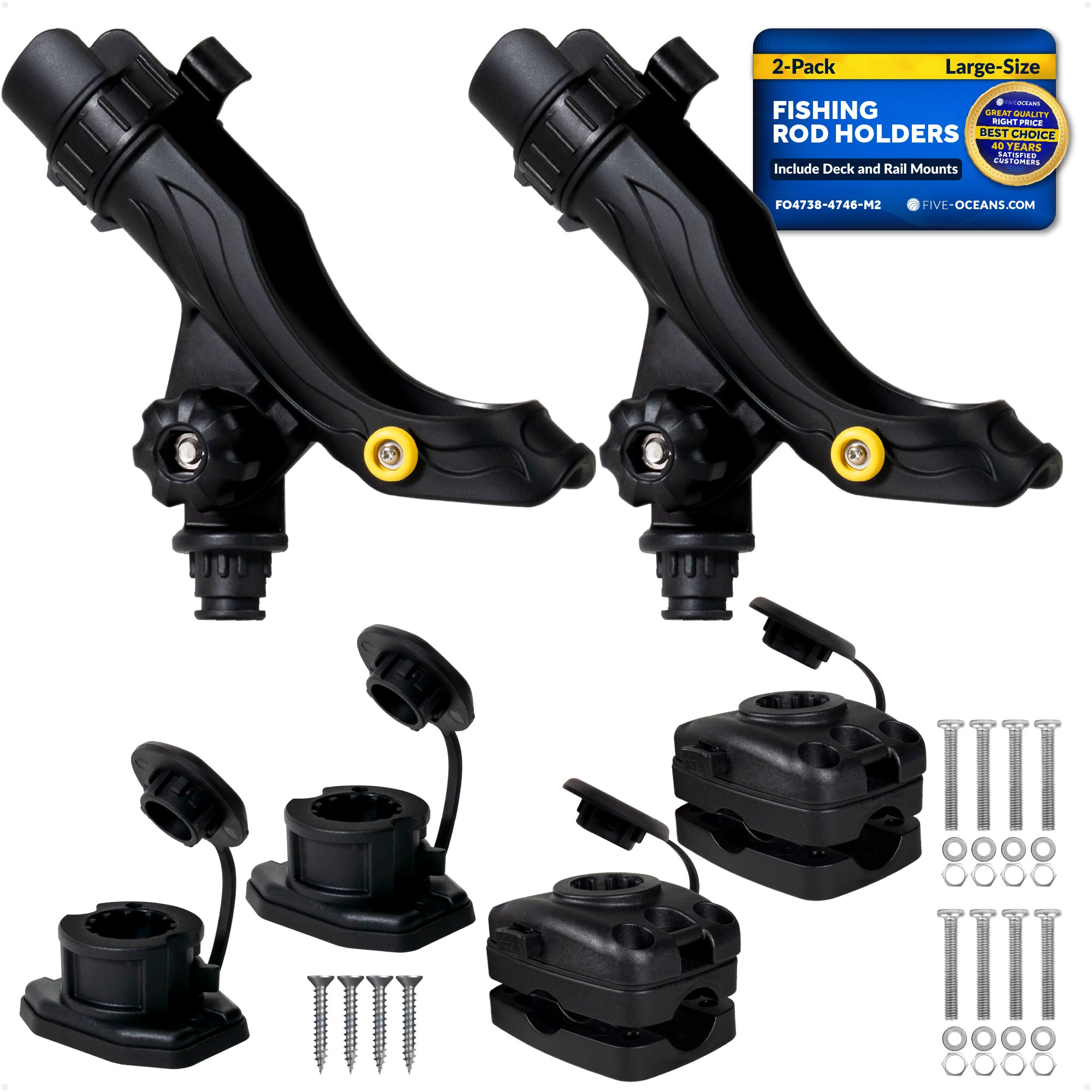 Fishing Rod Holder Set with Deck & Rail Mounts, Large, Black, 2-Pack - FO4738-4742-M2 - Five Oceans