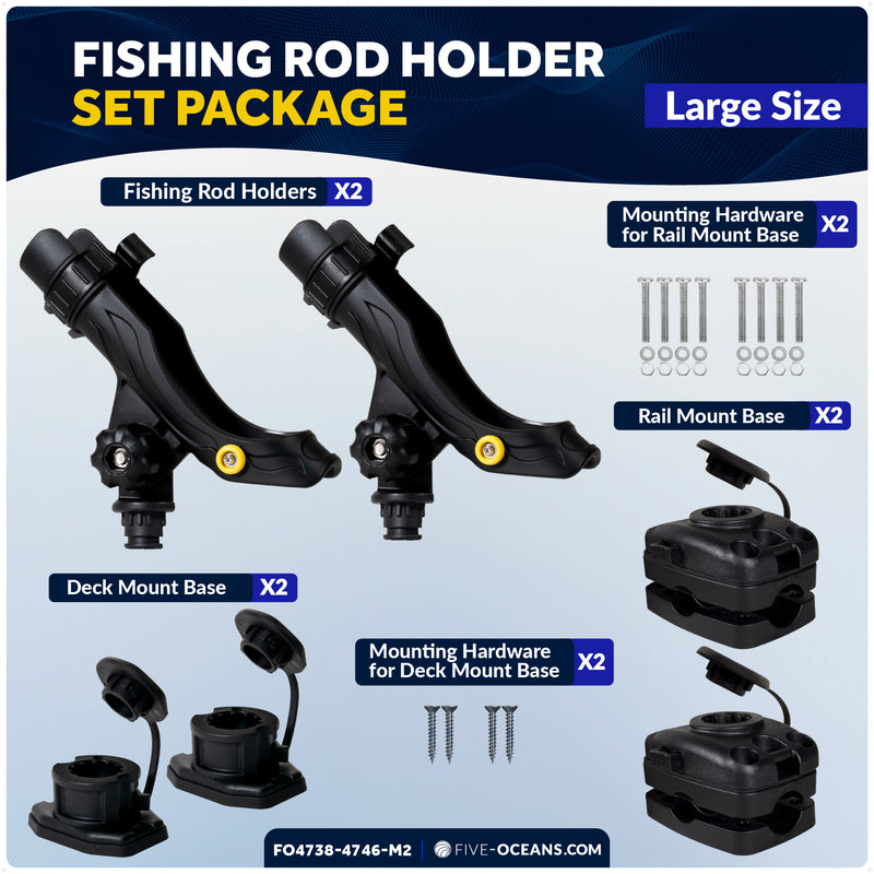 Kayak Rod Holder Kit - Deck & Rail Mounts, Large, Black, 2-Pack - FO4738-4746-M2 - Five Oceans