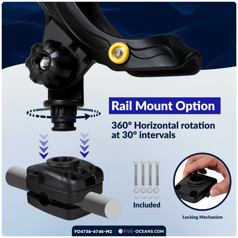 Kayak Rod Holder Kit - Deck & Rail Mounts, Large, Black, 2-Pack - FO4738-4746-M2 - Five Oceans