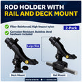 Kayak Rod Holder Kit - Deck & Rail Mounts, Large, Black, 2-Pack - FO4738-4746-M2 - Five Oceans