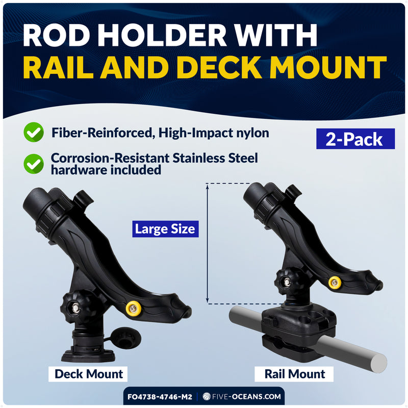 Kayak Rod Holder Kit - Deck & Rail Mounts, Large, Black, 2-Pack - FO4738-4746-M2 - Five Oceans