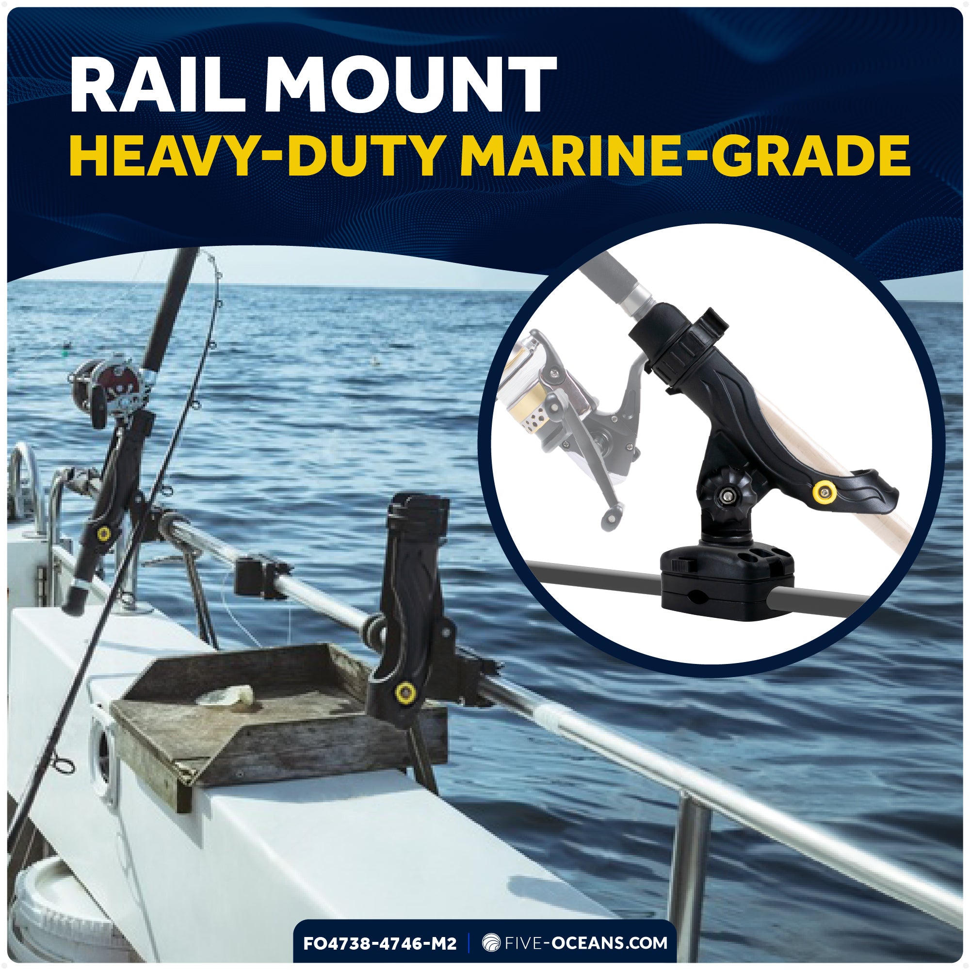Fishing Rod Holder Set with Deck & Rail Mounts, Large, Black, 2-Pack - FO4738-4742-M2 - Five Oceans