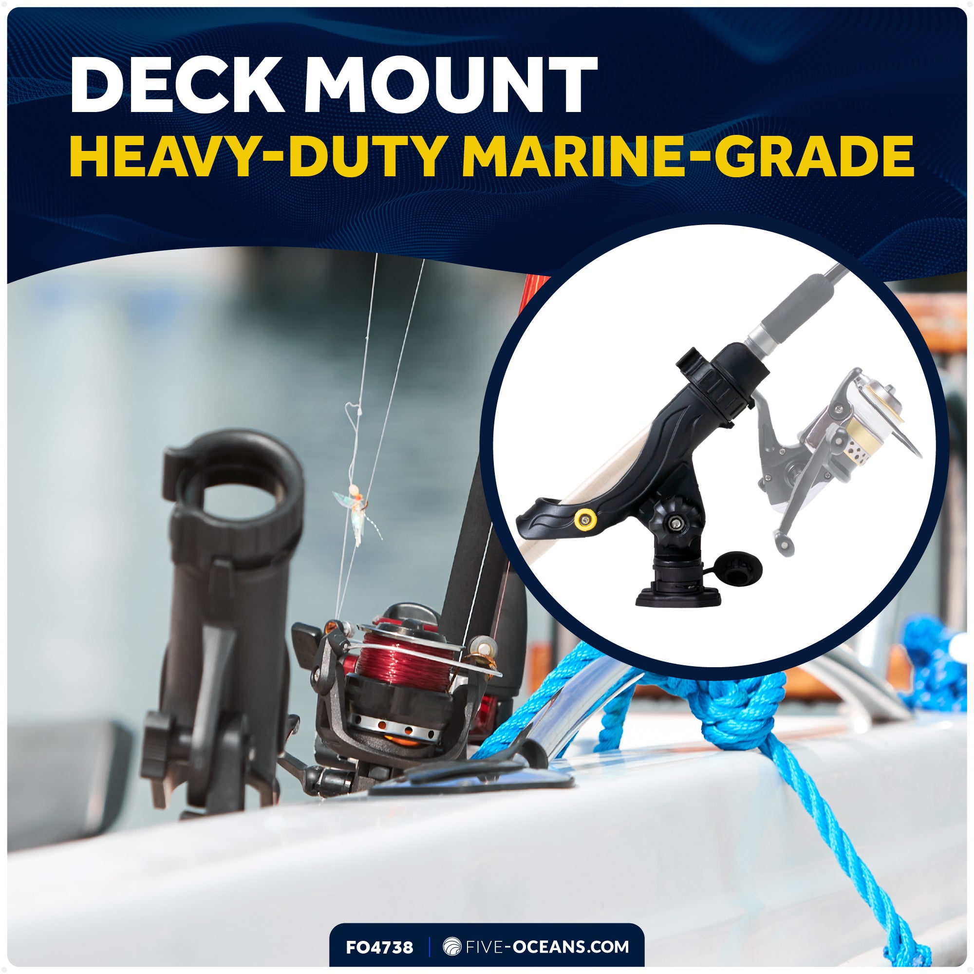 Fishing Rod Holder,  Sealed Deck Mount with Spring-Loaded Locking Mechanism, Black, Large - FO4738 - Five Oceans