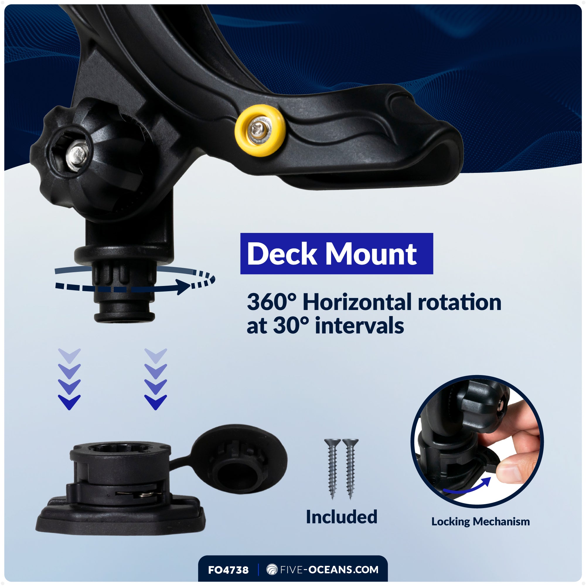Fishing Rod Holder,  Sealed Deck Mount with Spring-Loaded Locking Mechanism, Black, Large - FO4738 - Five Oceans