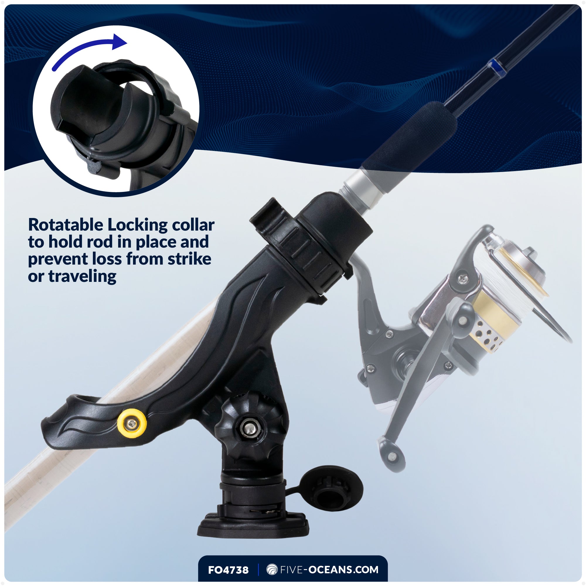 Fishing Rod Holder,  Sealed Deck Mount with Spring-Loaded Locking Mechanism, Black, Large - FO4738 - Five Oceans