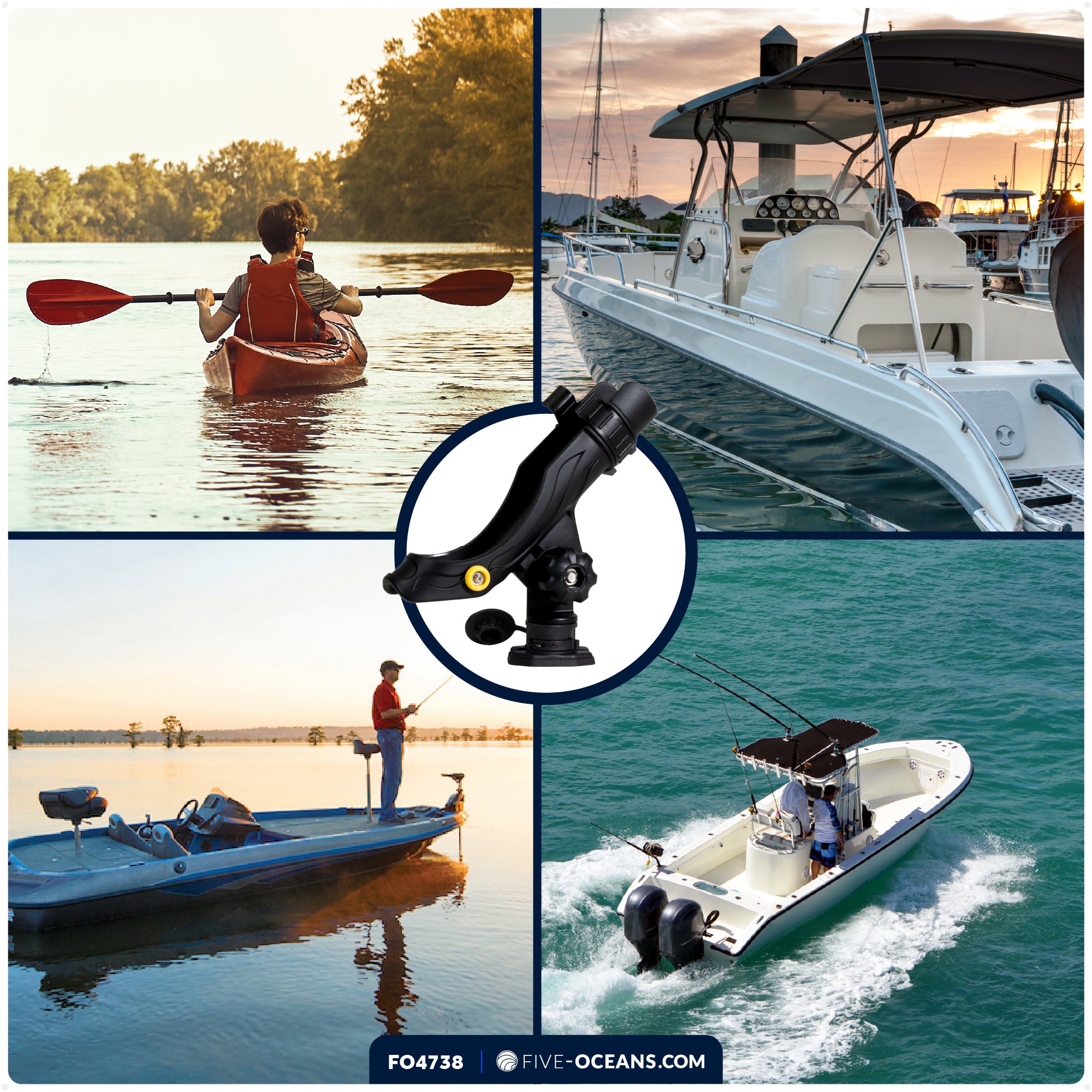 Fishing Rod Holder,  Sealed Deck Mount with Spring-Loaded Locking Mechanism, Black, Large - FO4738 - Five Oceans