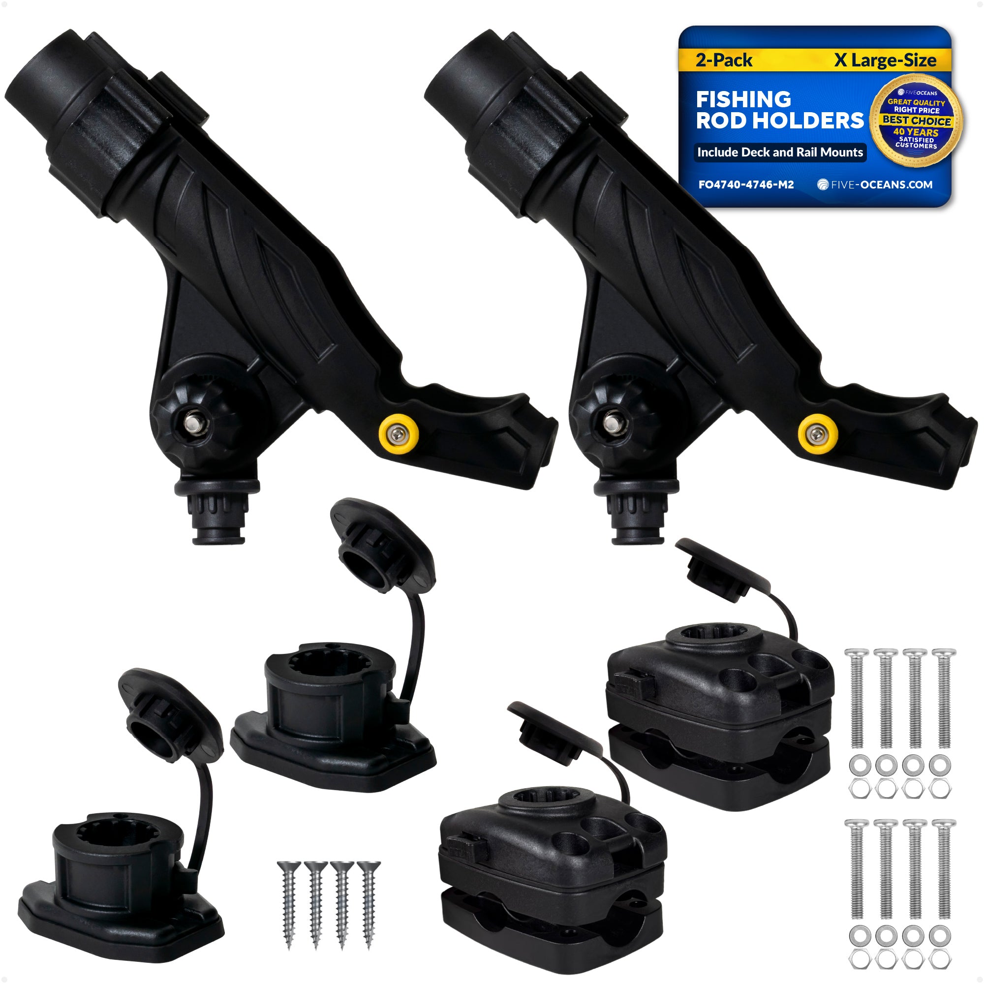 Fishing Rod Holder Set with Deck & Rail Mounts, X-Large, Black, 2-Pack - FO4740-4746-M2 - Five Oceans