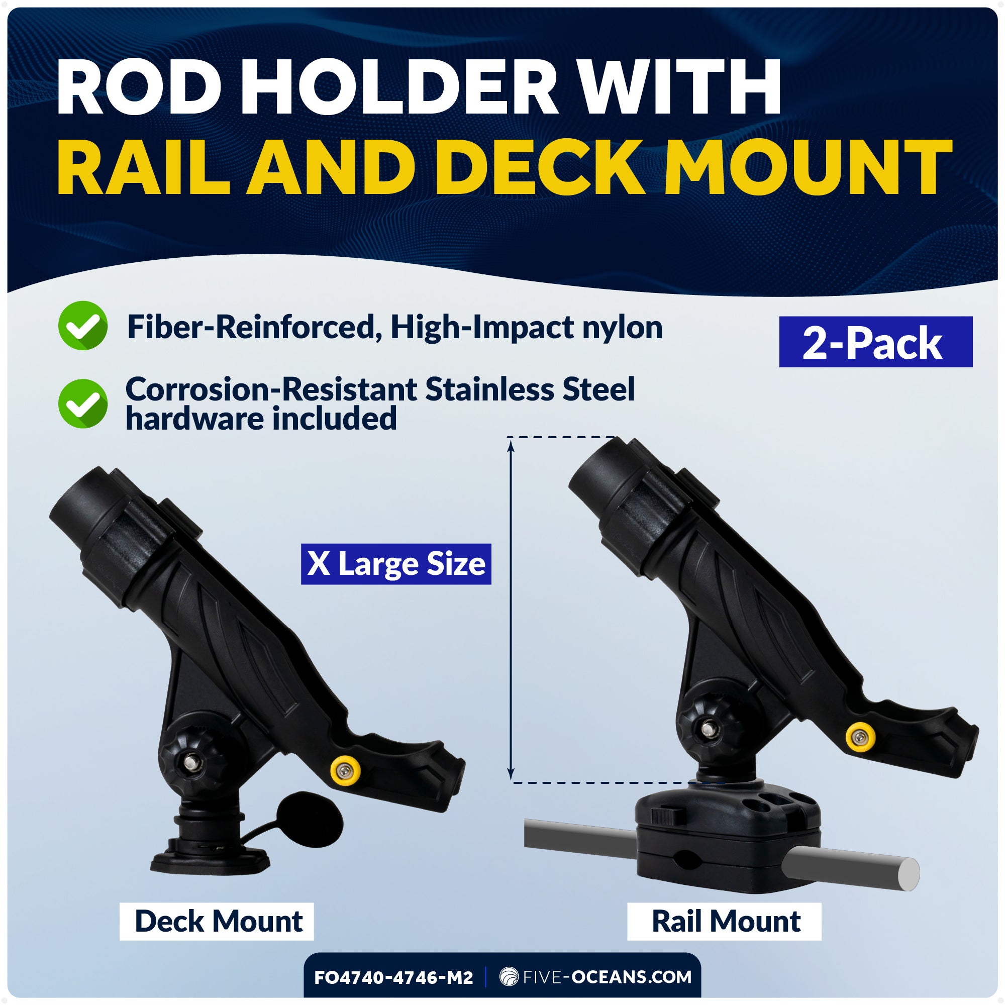Fishing Rod Holder Set with Deck & Rail Mounts, X-Large, Black, 2-Pack - FO4740-4746-M2 - Five Oceans