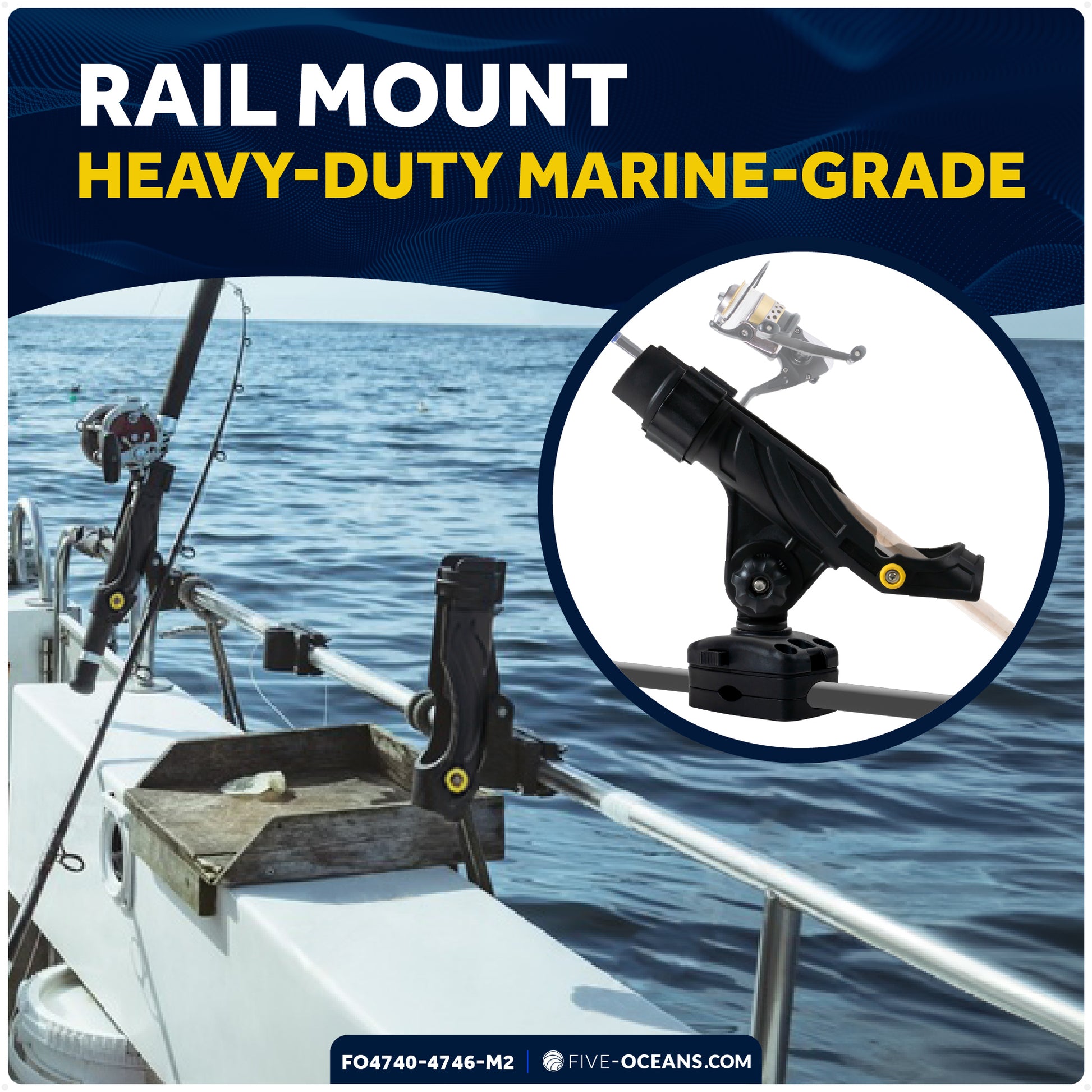 Fishing Rod Holder Set with Deck & Rail Mounts, X-Large, Black, 2-Pack - FO4740-4746-M2 - Five Oceans