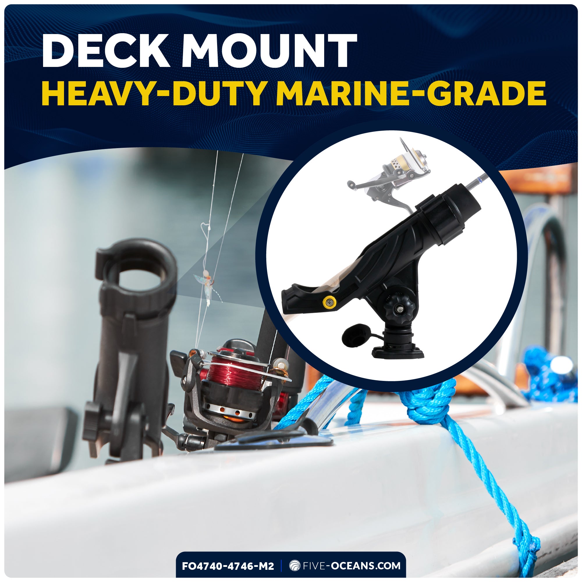 Fishing Rod Holder Set with Deck & Rail Mounts, X-Large, Black, 2-Pack - FO4740-4746-M2 - Five Oceans