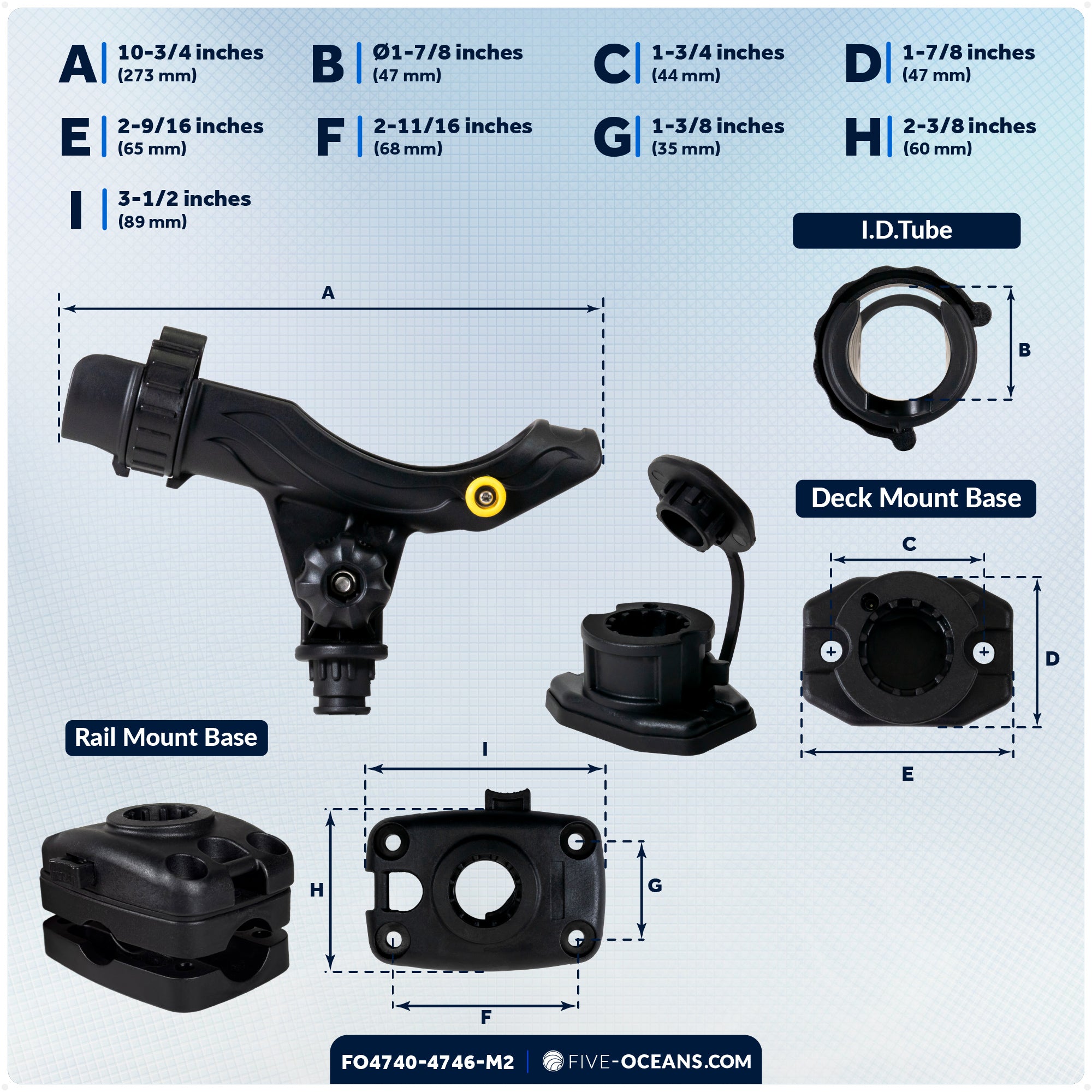 Fishing Rod Holder Set with Deck & Rail Mounts, X-Large, Black, 2-Pack - FO4740-4746-M2 - Five Oceans