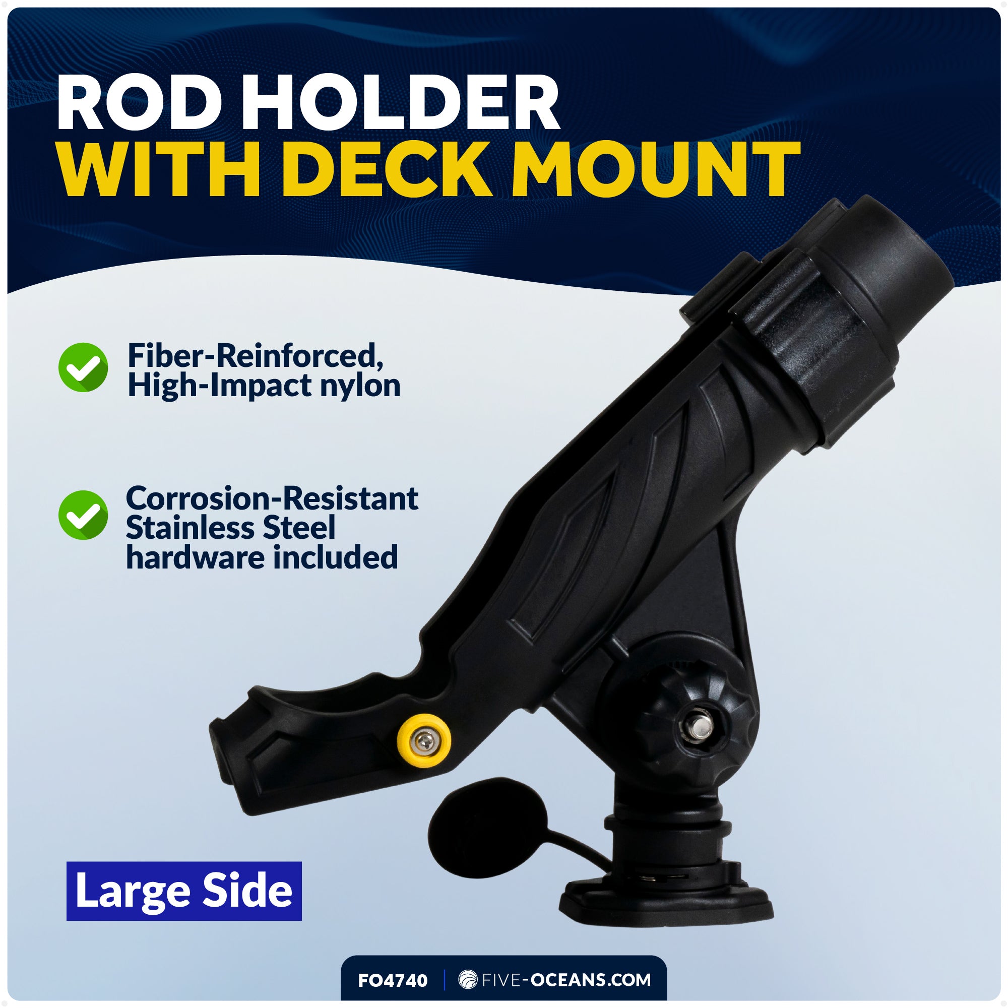 Fishing Rod Holder,  Sealed Deck Mount with Spring-Loaded Locking Mechanism, Black, X-Large - FO4740 - Five Oceans