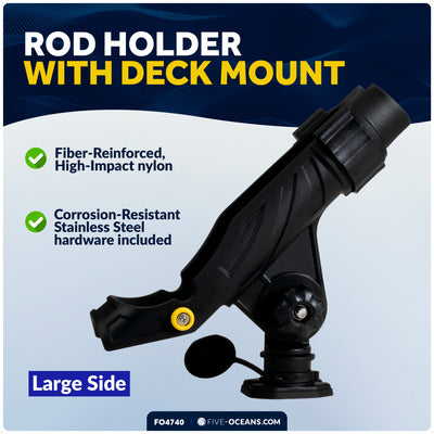 Kayak Rod Holder with Deck Mount Base with Cap, Black, X-Large - FO4740 - Five Oceans