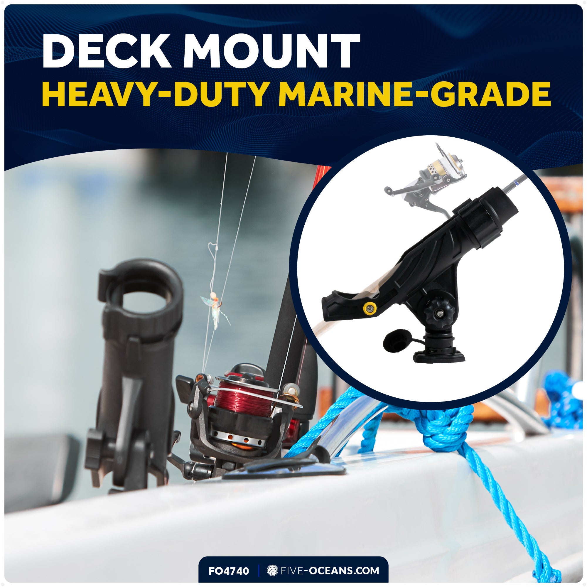 Fishing Rod Holder,  Sealed Deck Mount with Spring-Loaded Locking Mechanism, Black, X-Large - FO4740 - Five Oceans