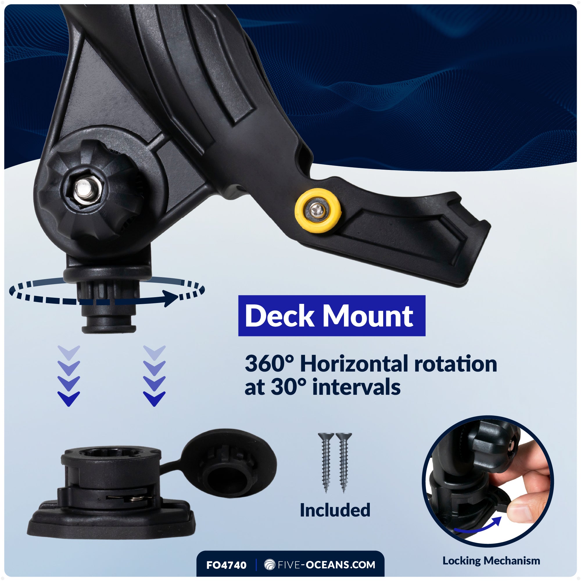 Fishing Rod Holder,  Sealed Deck Mount with Spring-Loaded Locking Mechanism, Black, X-Large - FO4740 - Five Oceans