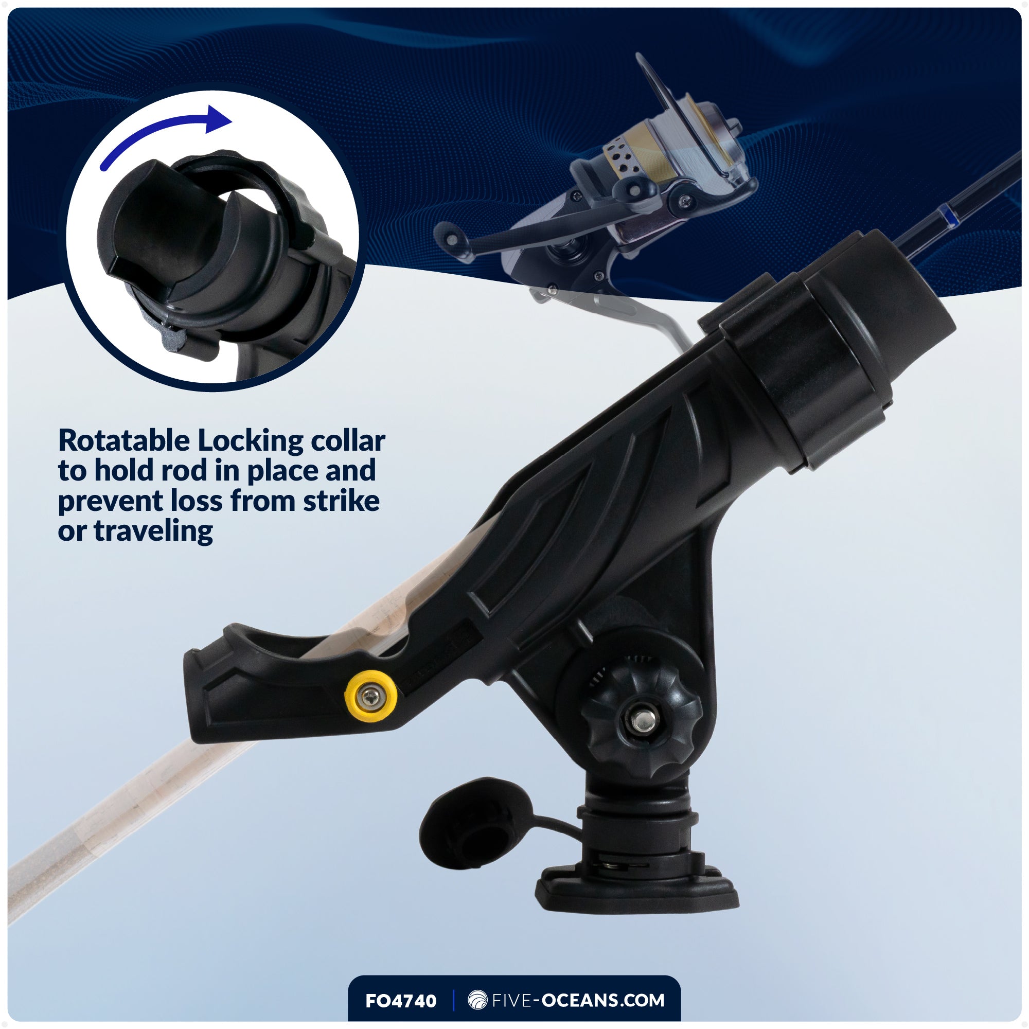 Fishing Rod Holder,  Sealed Deck Mount with Spring-Loaded Locking Mechanism, Black, X-Large - FO4740 - Five Oceans